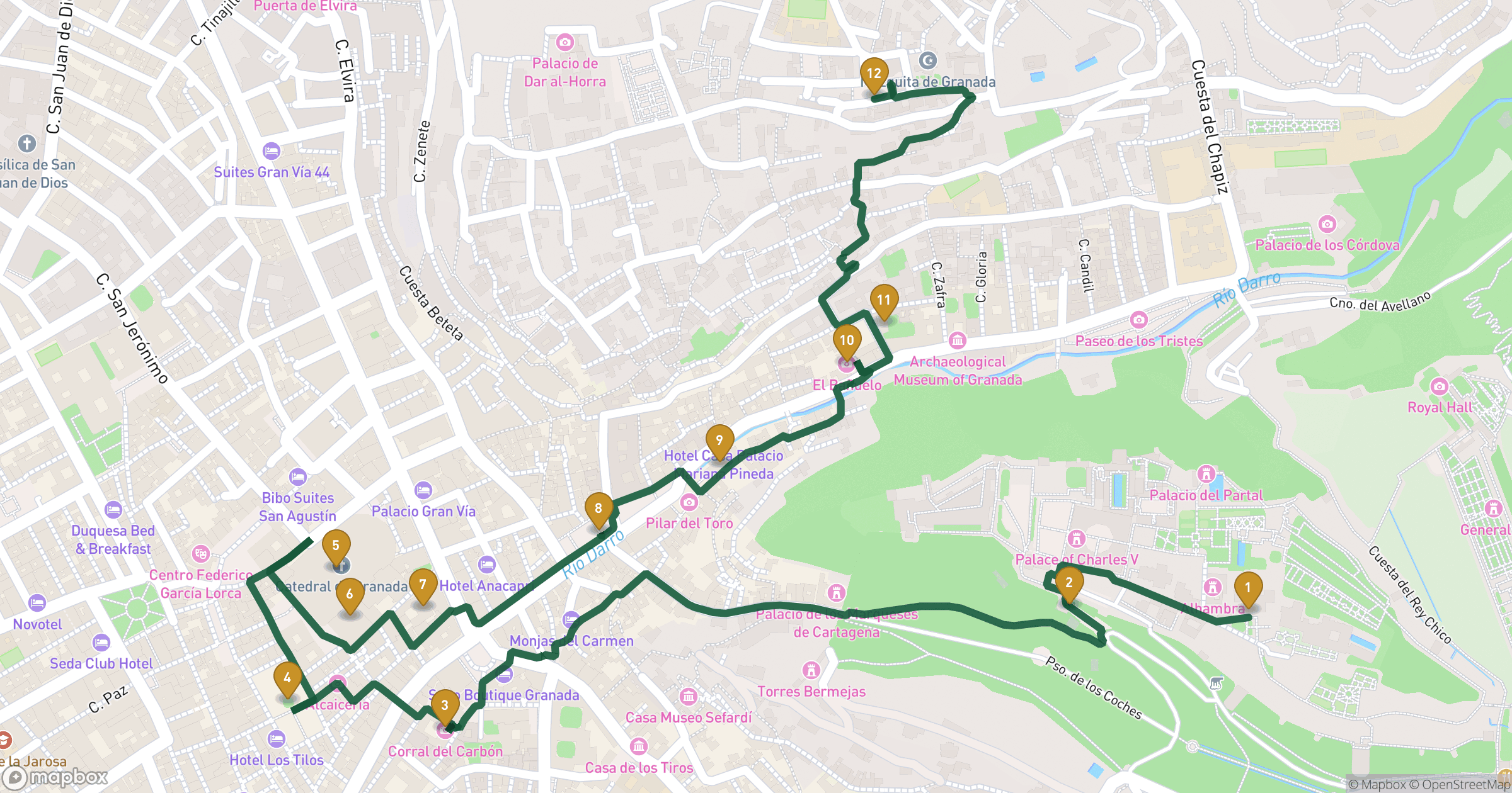 Map for Granada walking tour with 12 stops