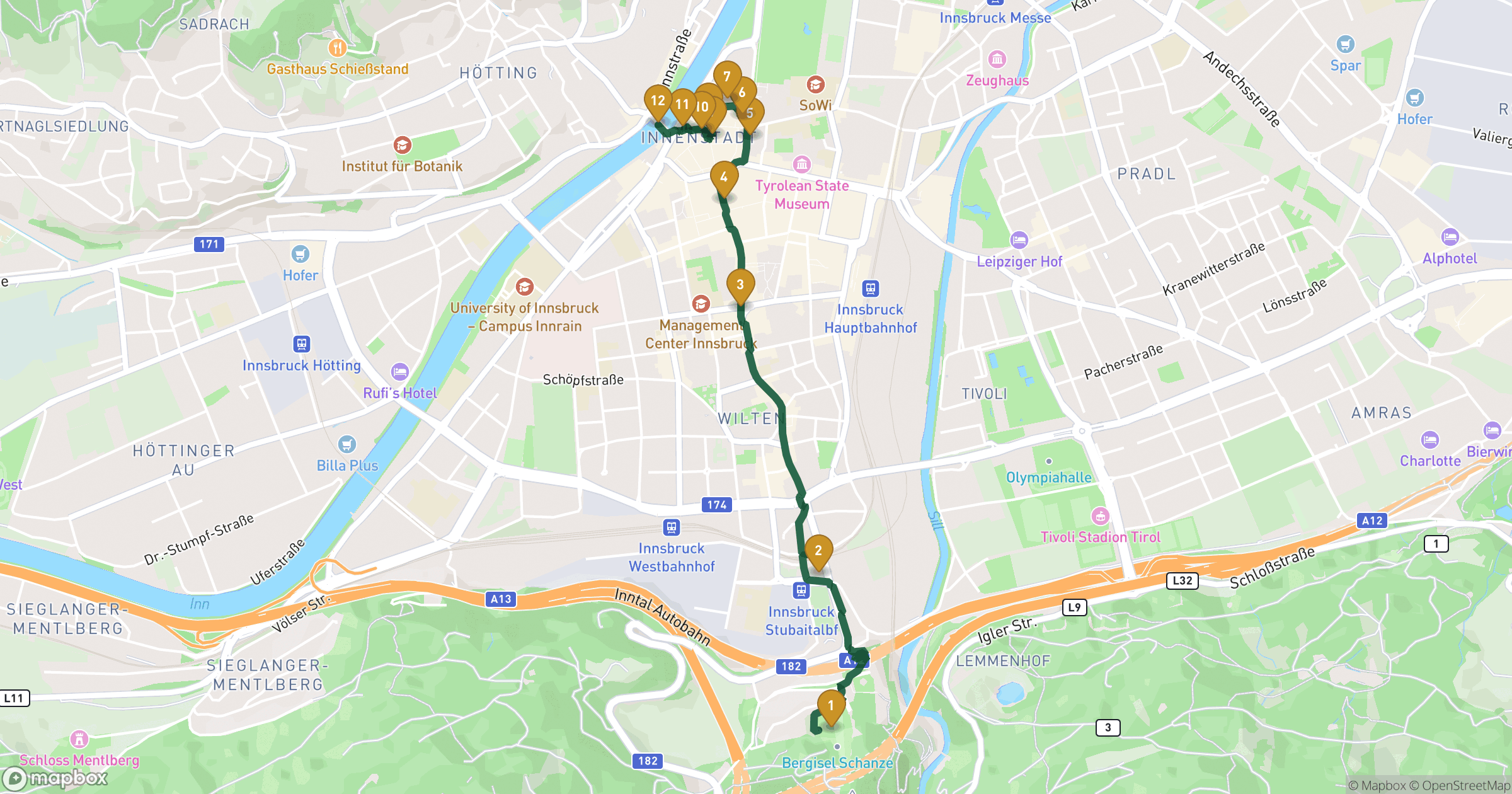 Map for Innsbruck walking tour with 12 stops