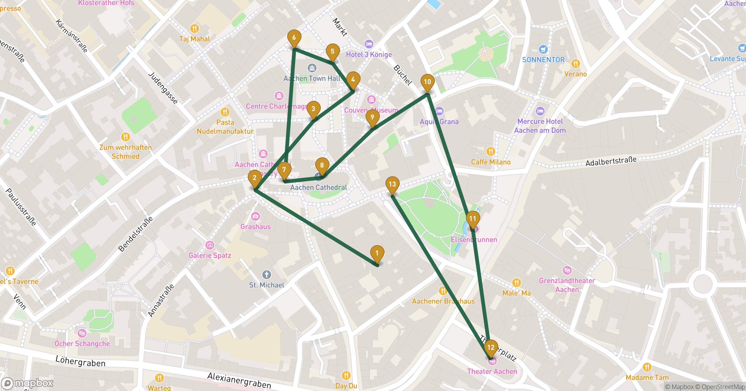 Map for Aachen byvandring with 13 stops