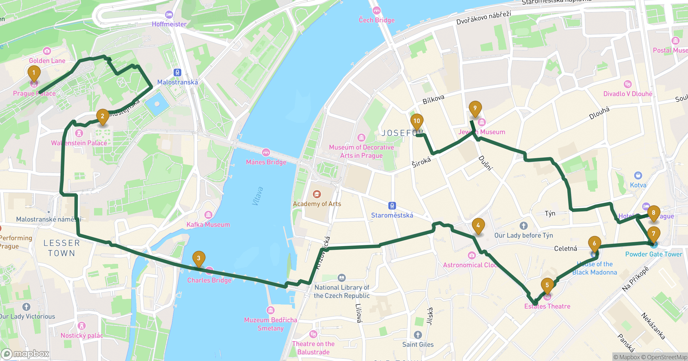 Mappa del visita guidata Praga con 10 tappe