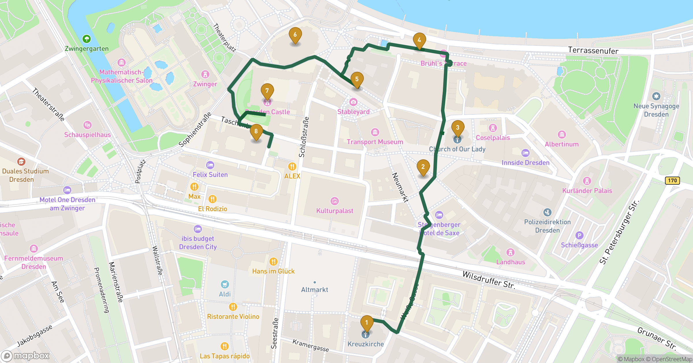 Map for Dresden byvandring with 8 stops