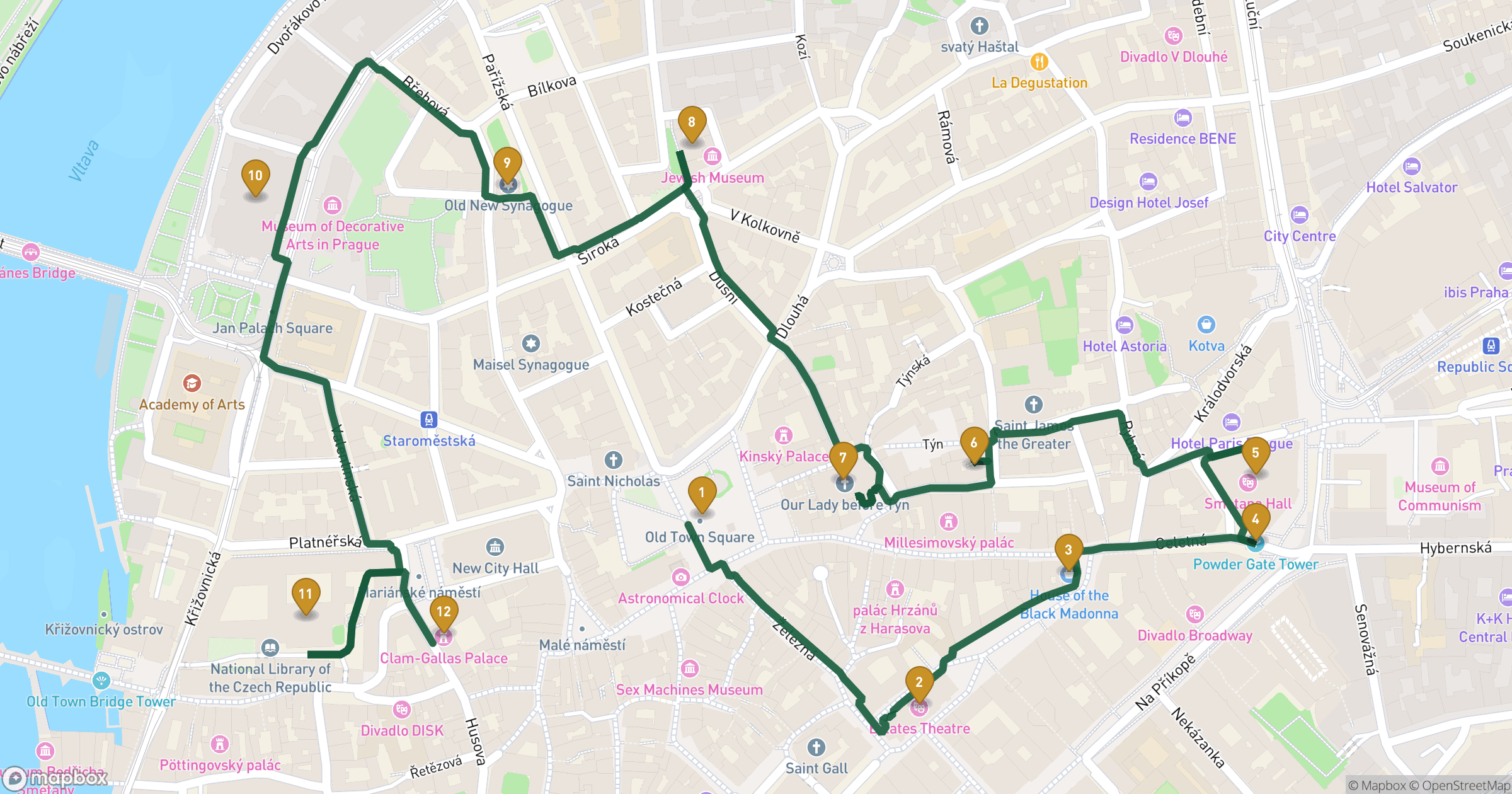 Map for Prags Gamle Bys hemmeligheder byvandring with 12 stops