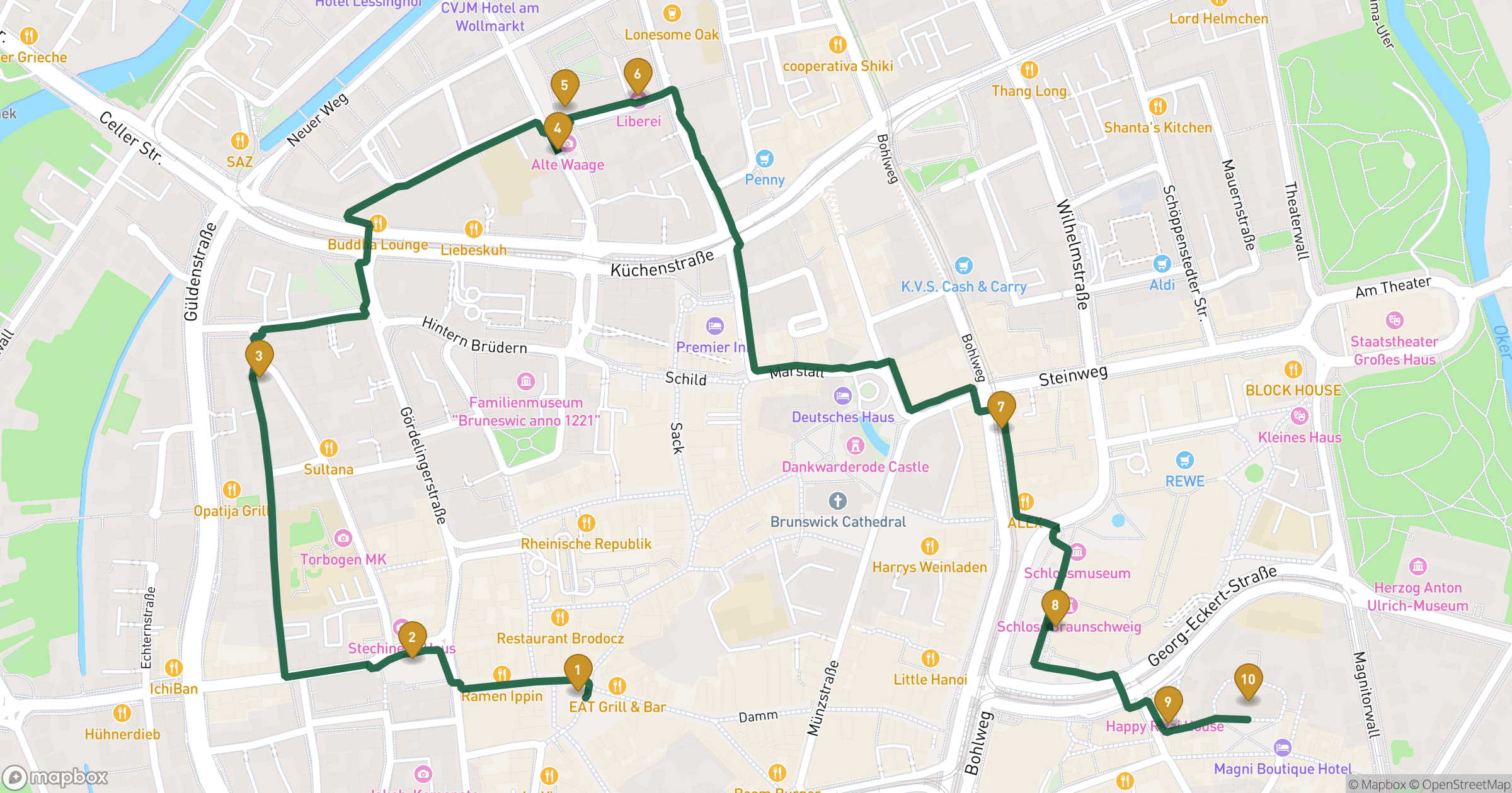 Carte pour visite à pied Brunswick avec 10 arrêts