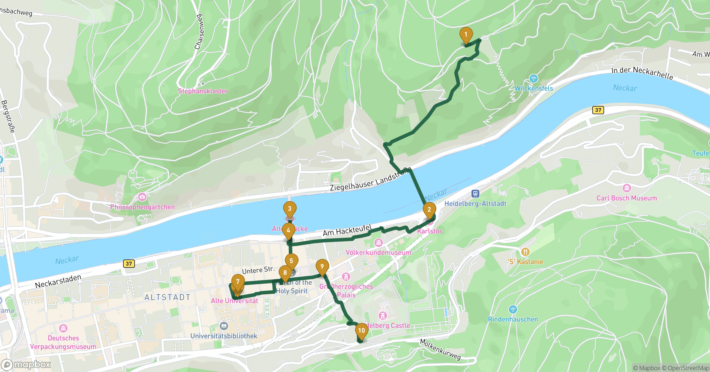Map for Heidelberg walking tour with 10 stops