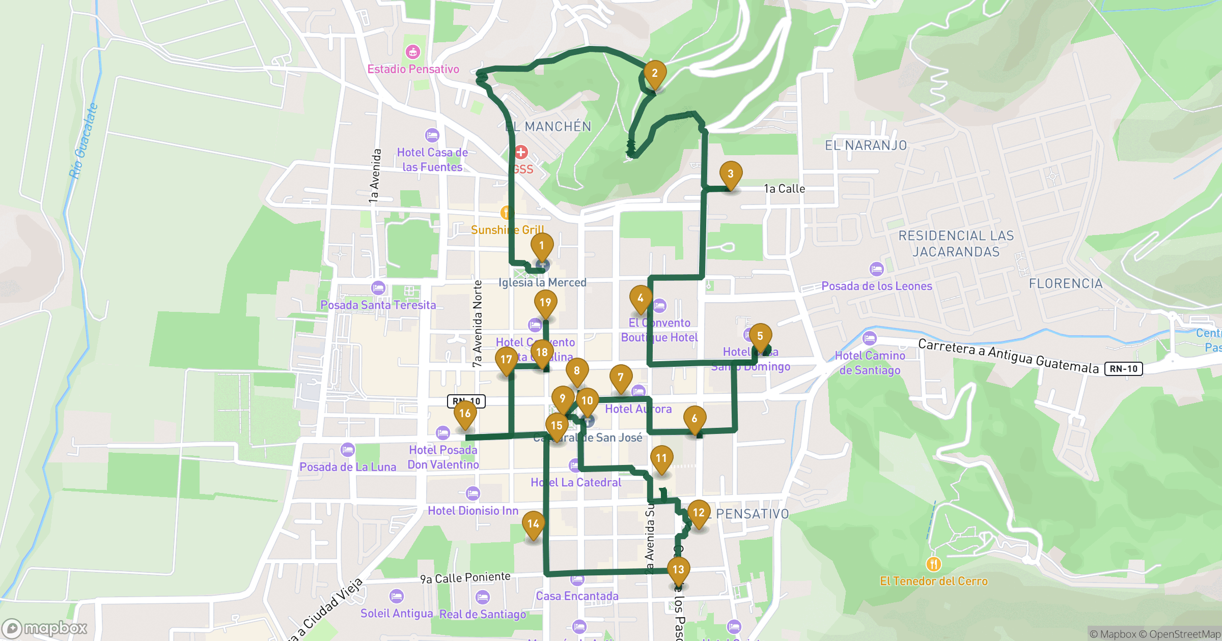 Map for Antigua Guatemala walking tour with 19 stops