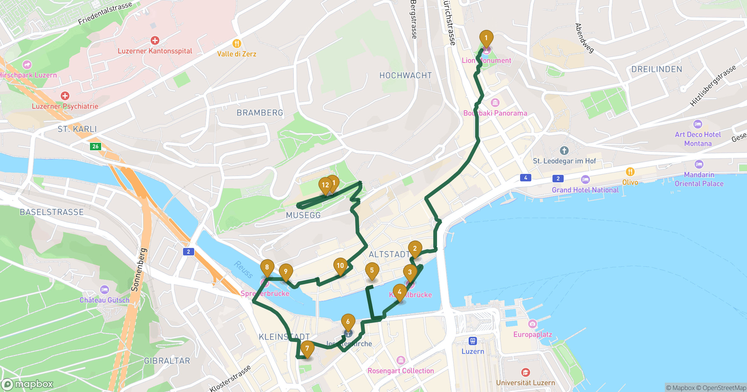 Map for Luzern byvandring with 12 stops