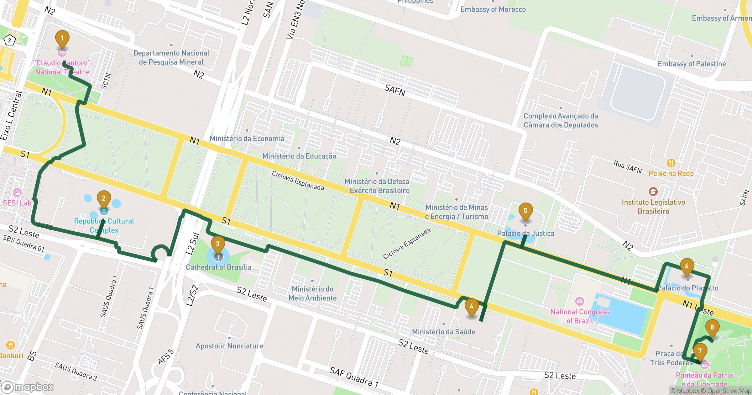 Map for 기념비적인 브라질리아 도보 투어 with 8 stops