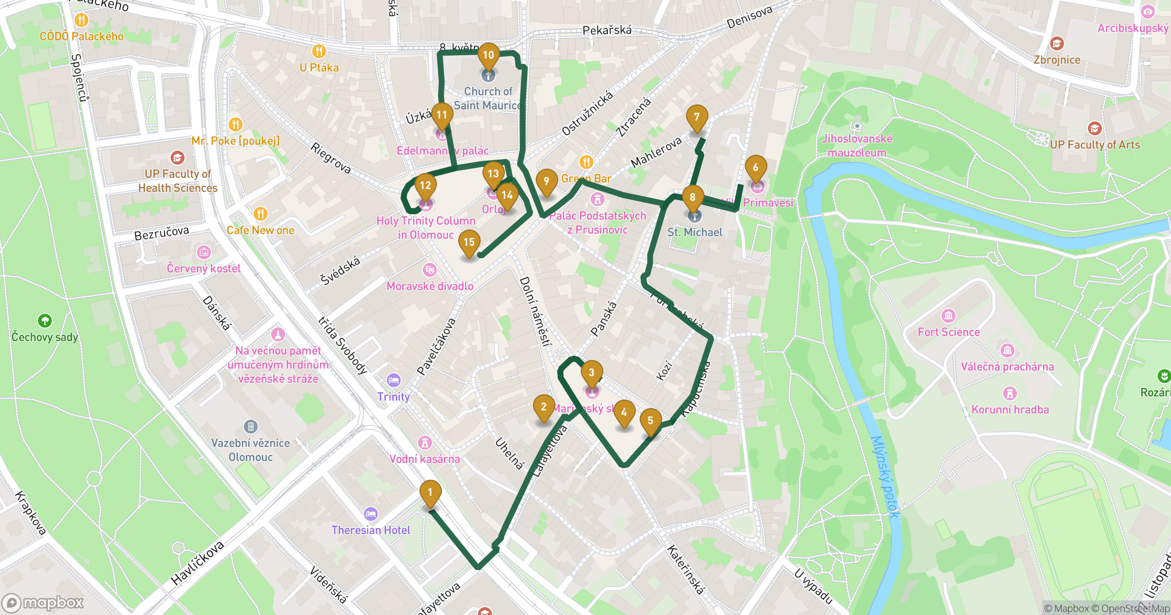 Map for Olomouc walking tour with 15 stops