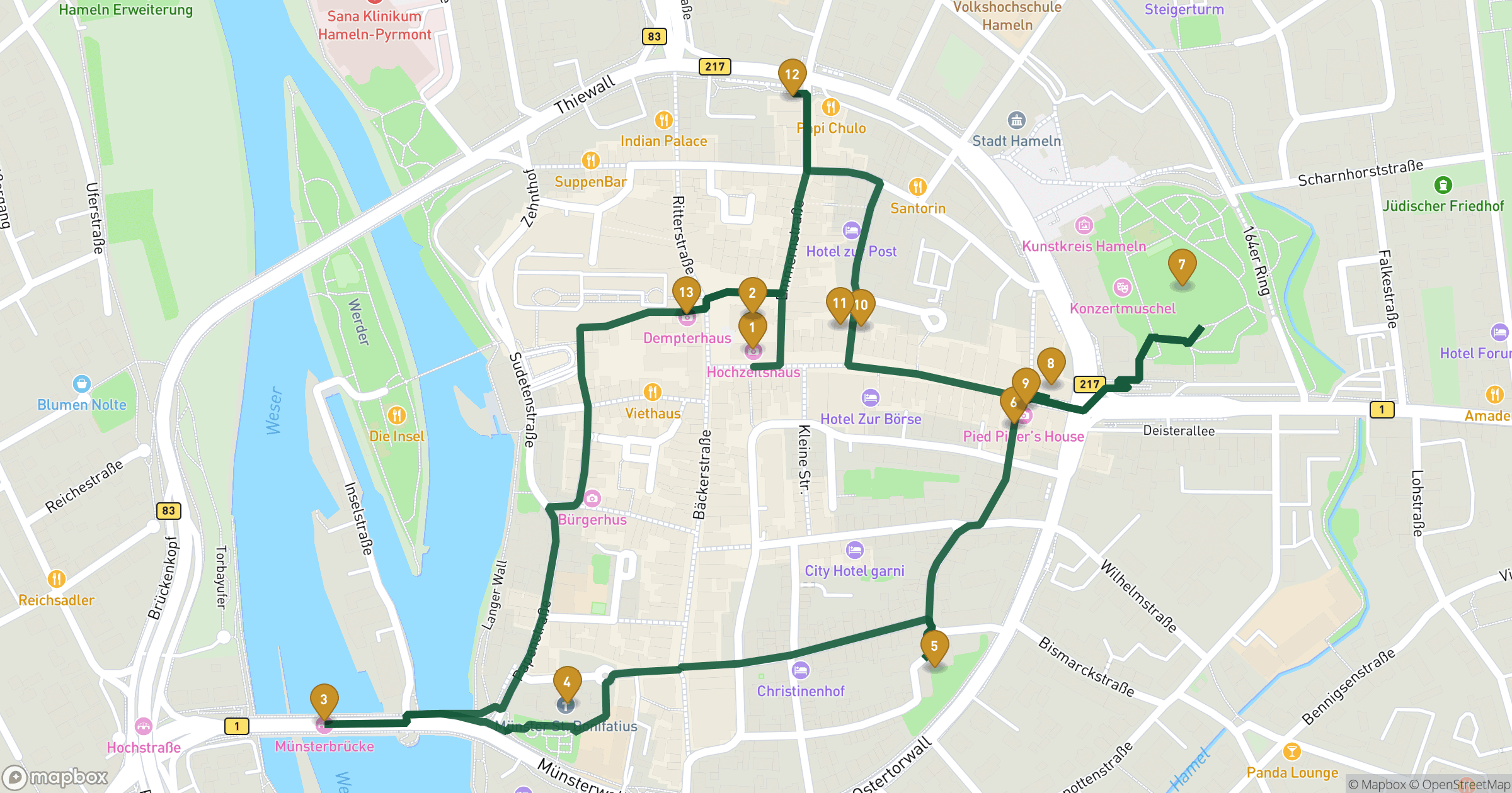 Map for Hamelns pragt byvandring with 13 stops