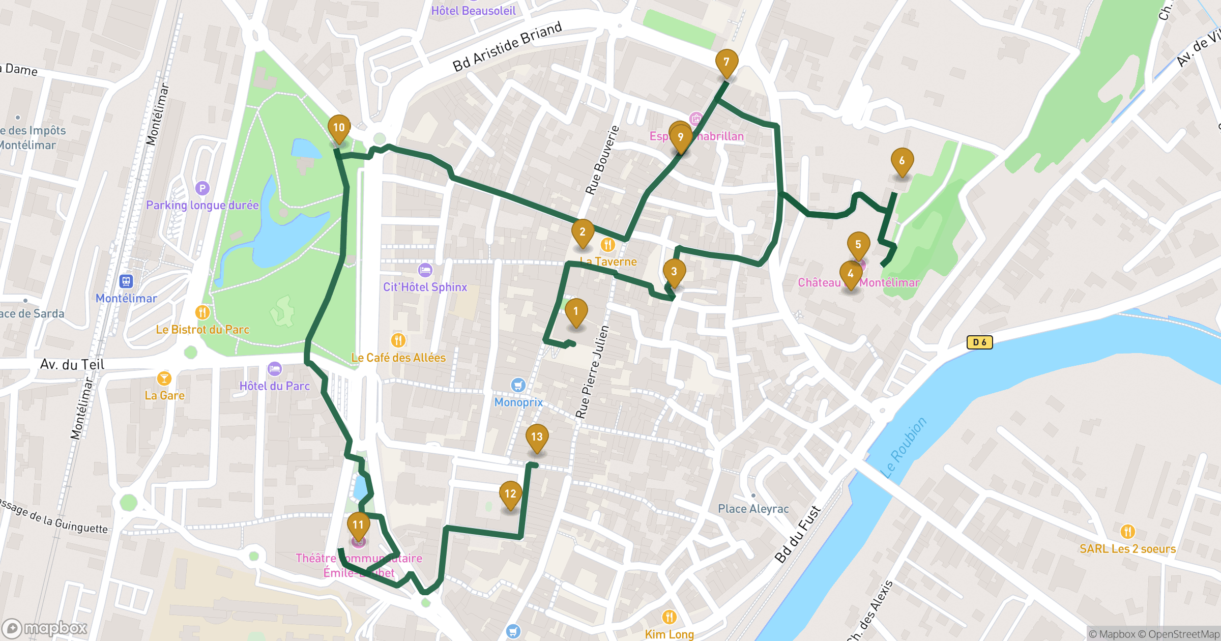 Karte für Stadtführung Montélimar mit 13 Stopps