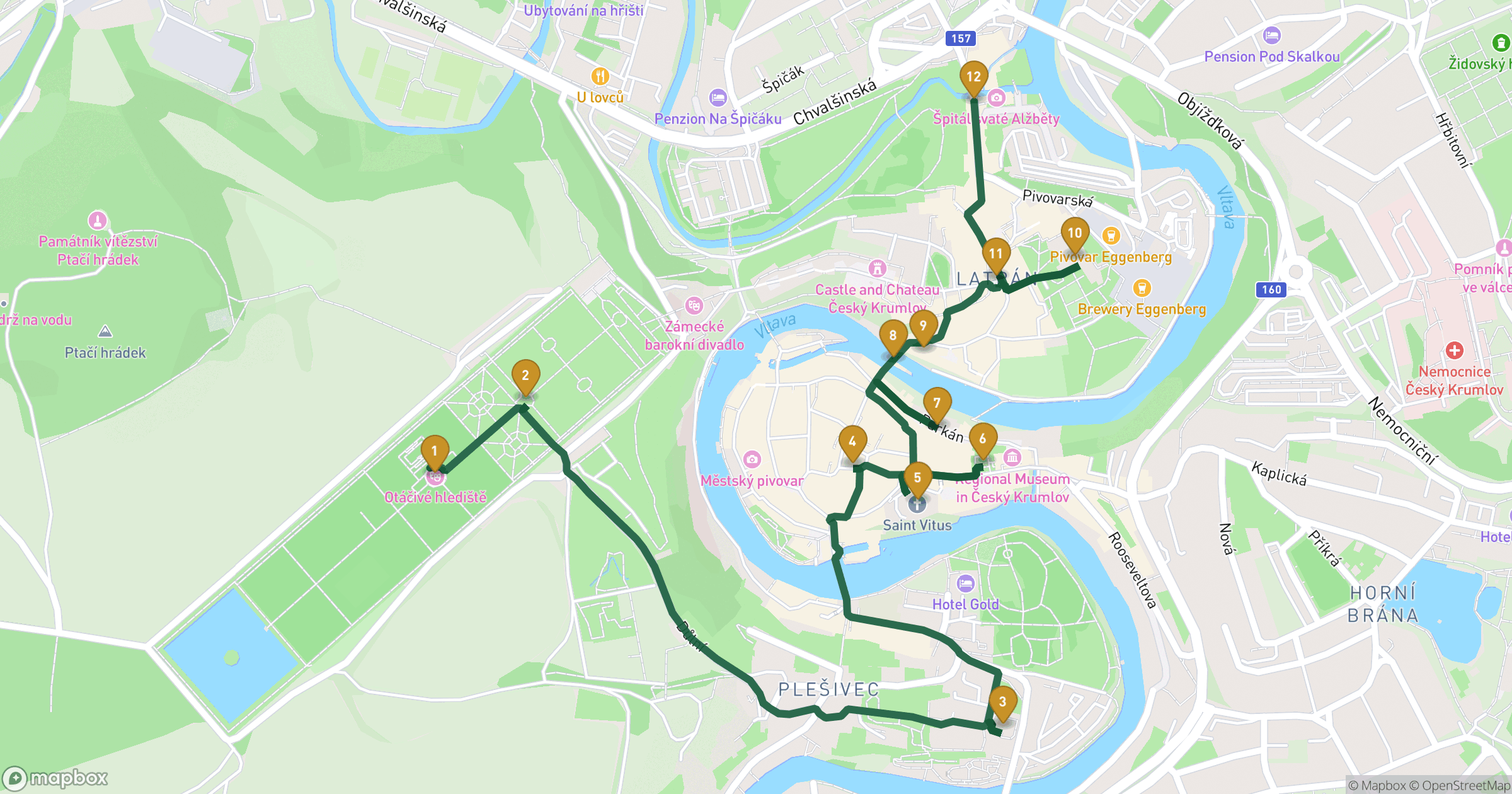 Map for Cesky Krumlov walking tour with 12 stops