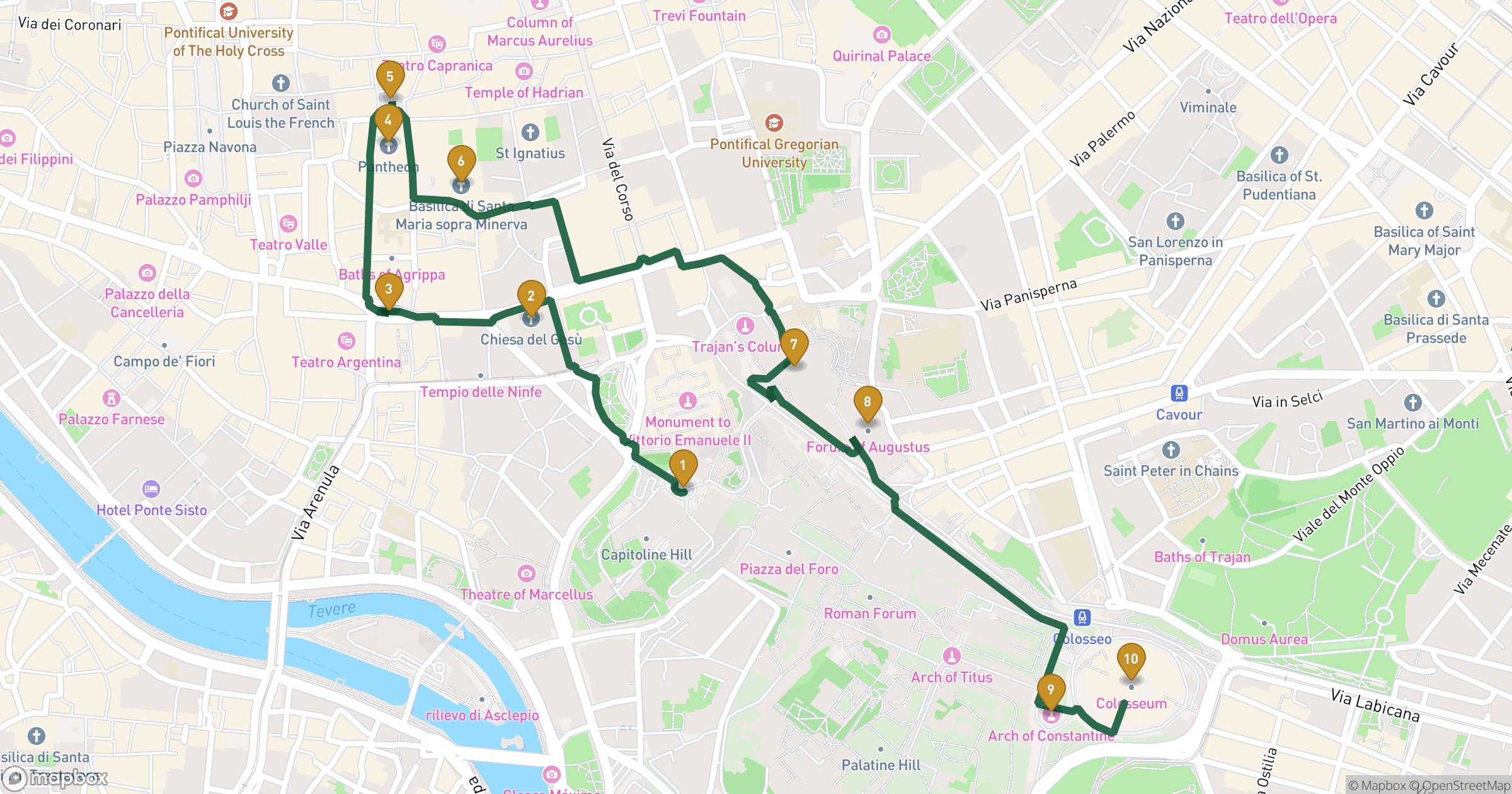 Carte pour visite à pied Rome avec 10 arrêts