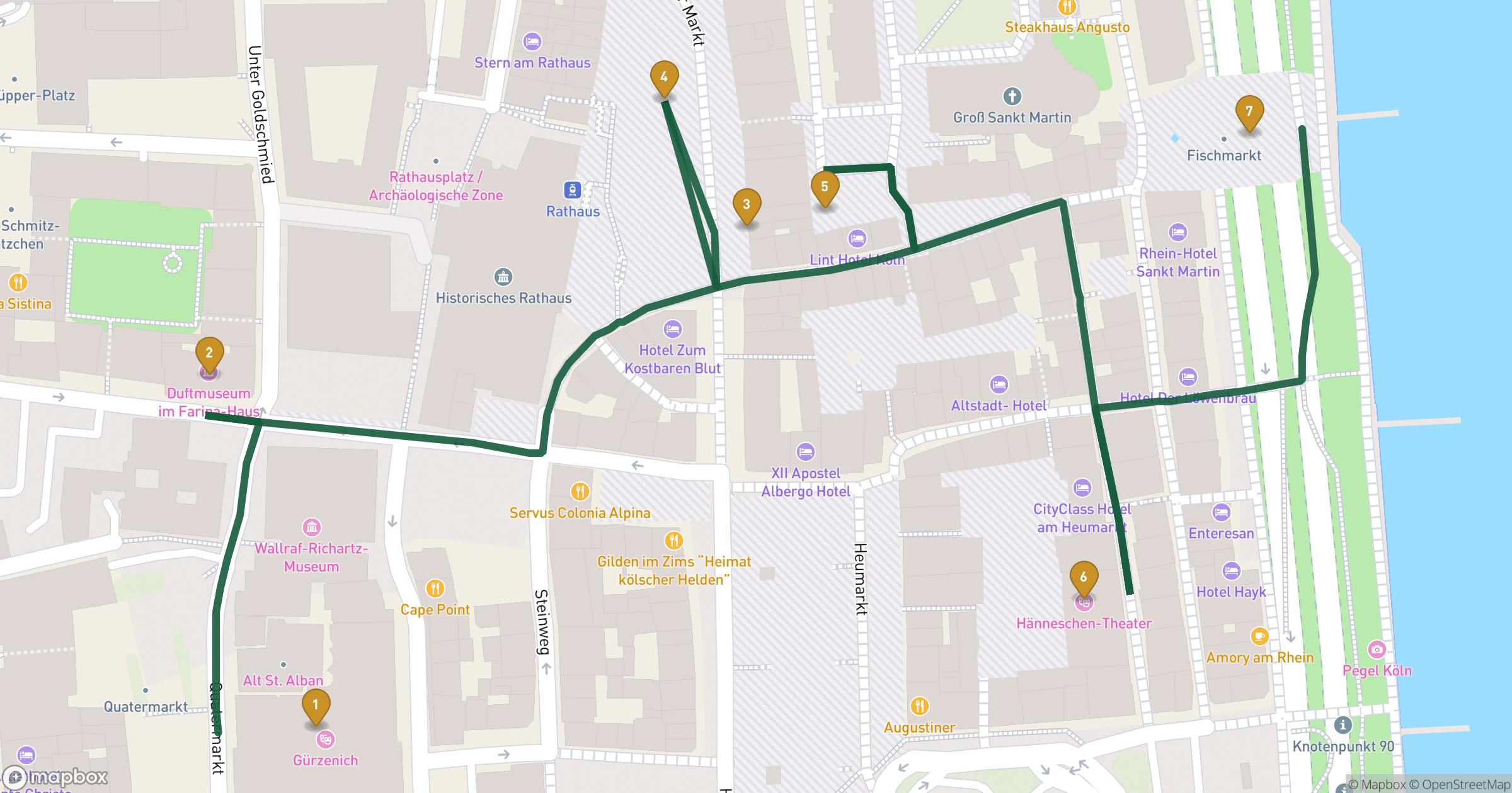 Mapa de passeio a pé Colônia com 7 paragens