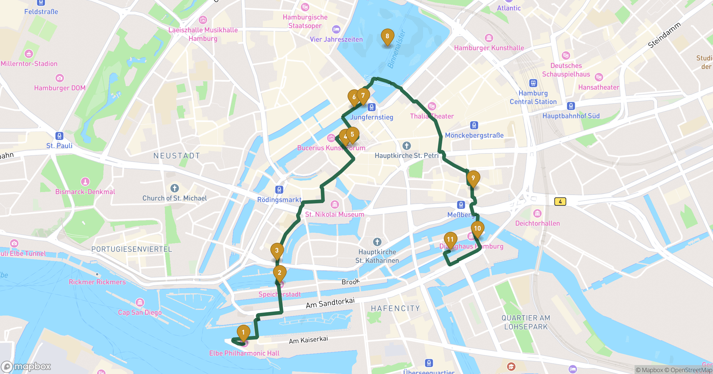 Mapa de visita guiada Hamburg con 11 paradas