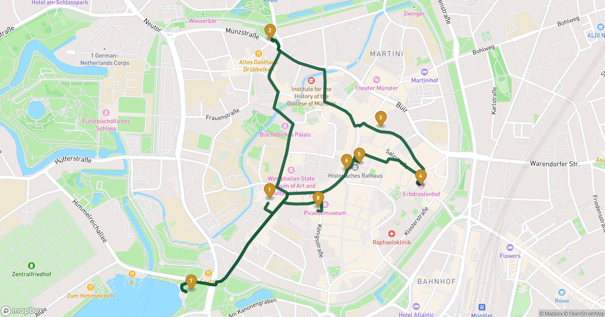 Map for Münster byvandring with 8 stops