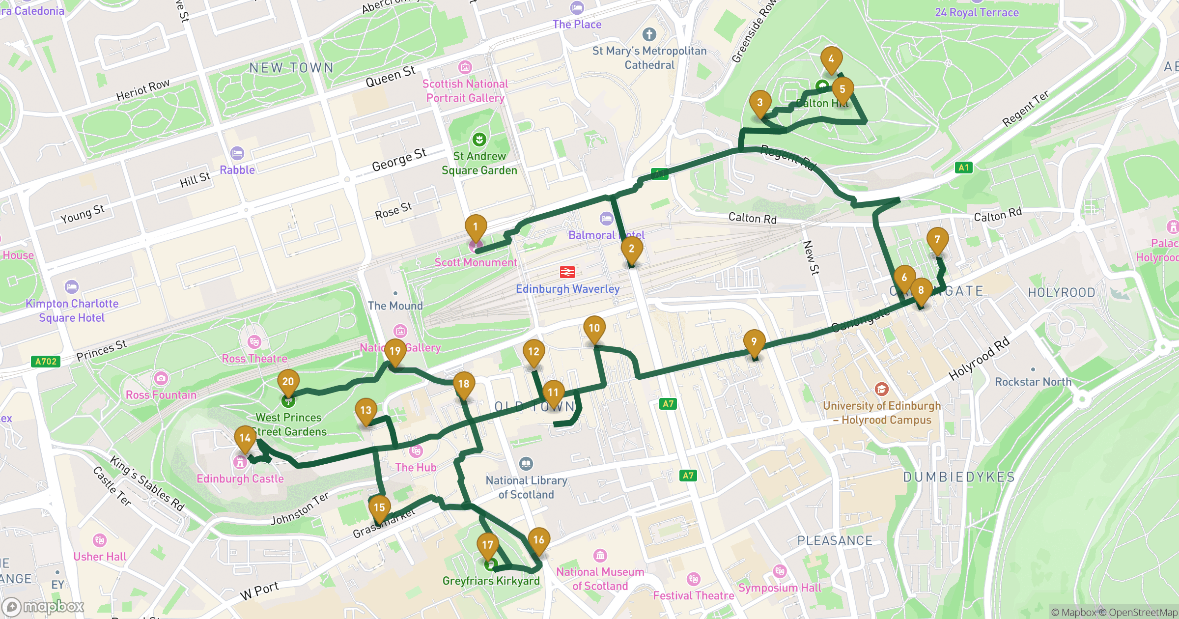 Map for Edinburgh walking tour with 20 stops