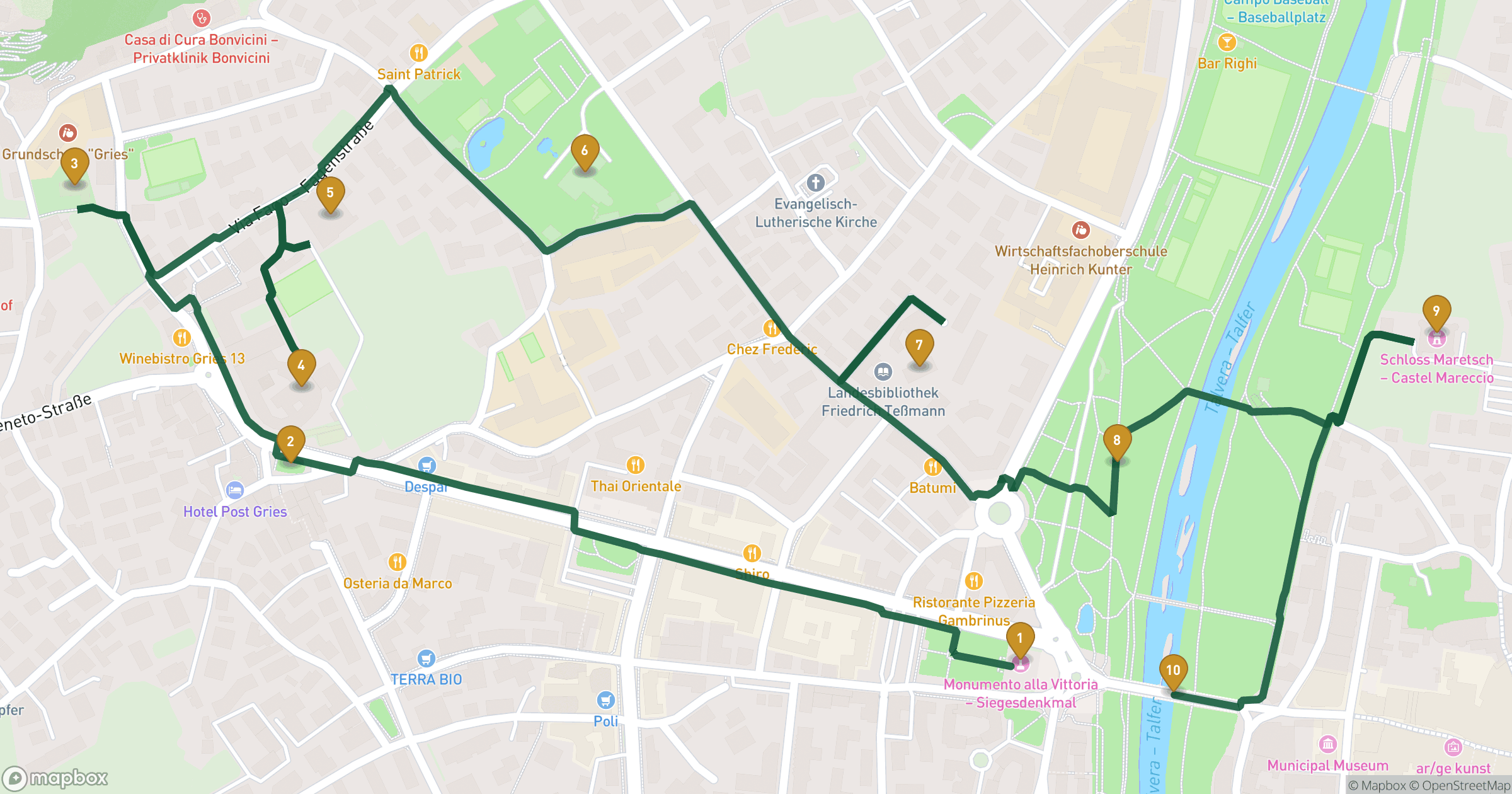 Map for Bolzano walking tour with 10 stops