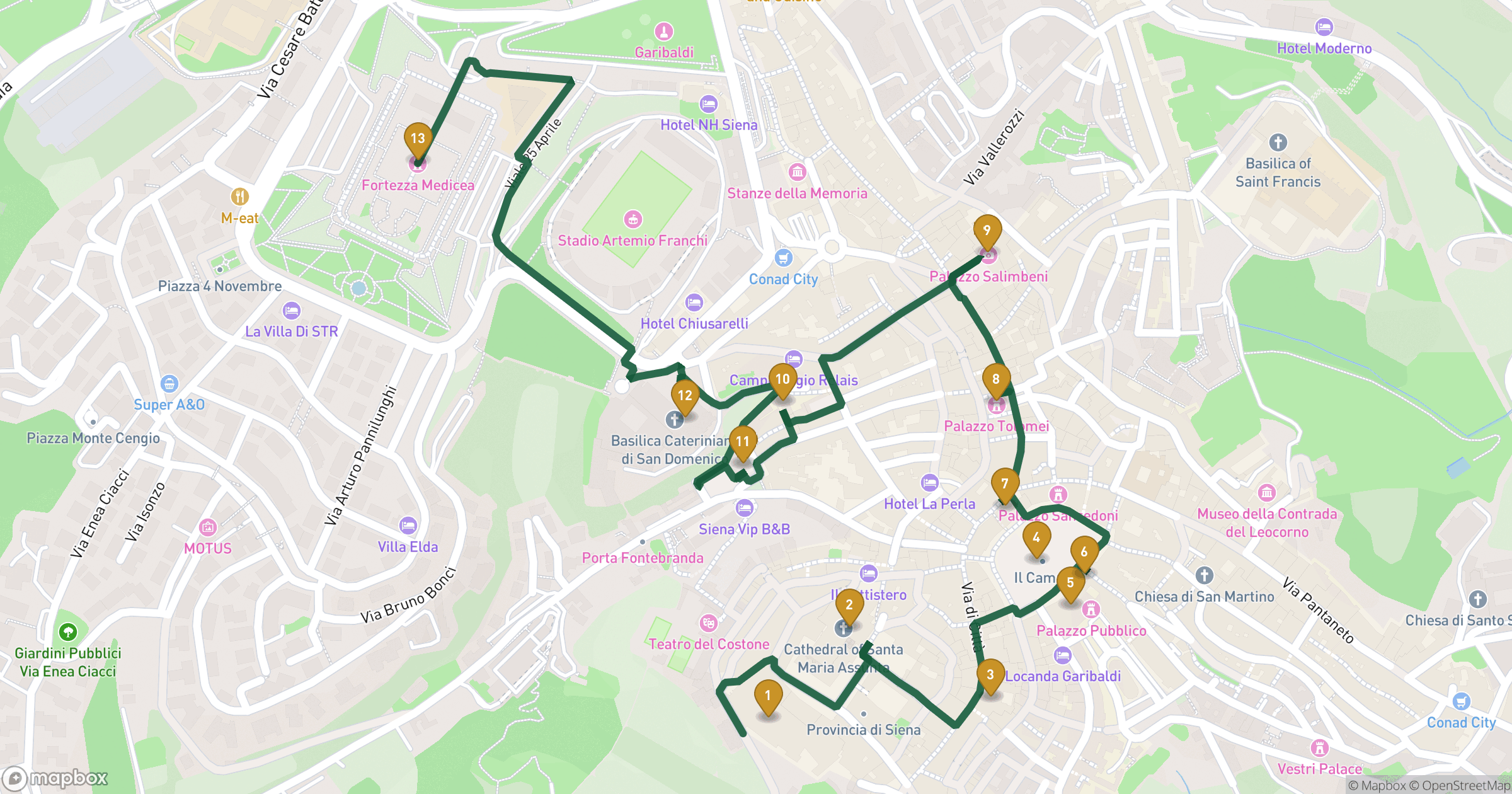 Map for Siena walking tour with 13 stops