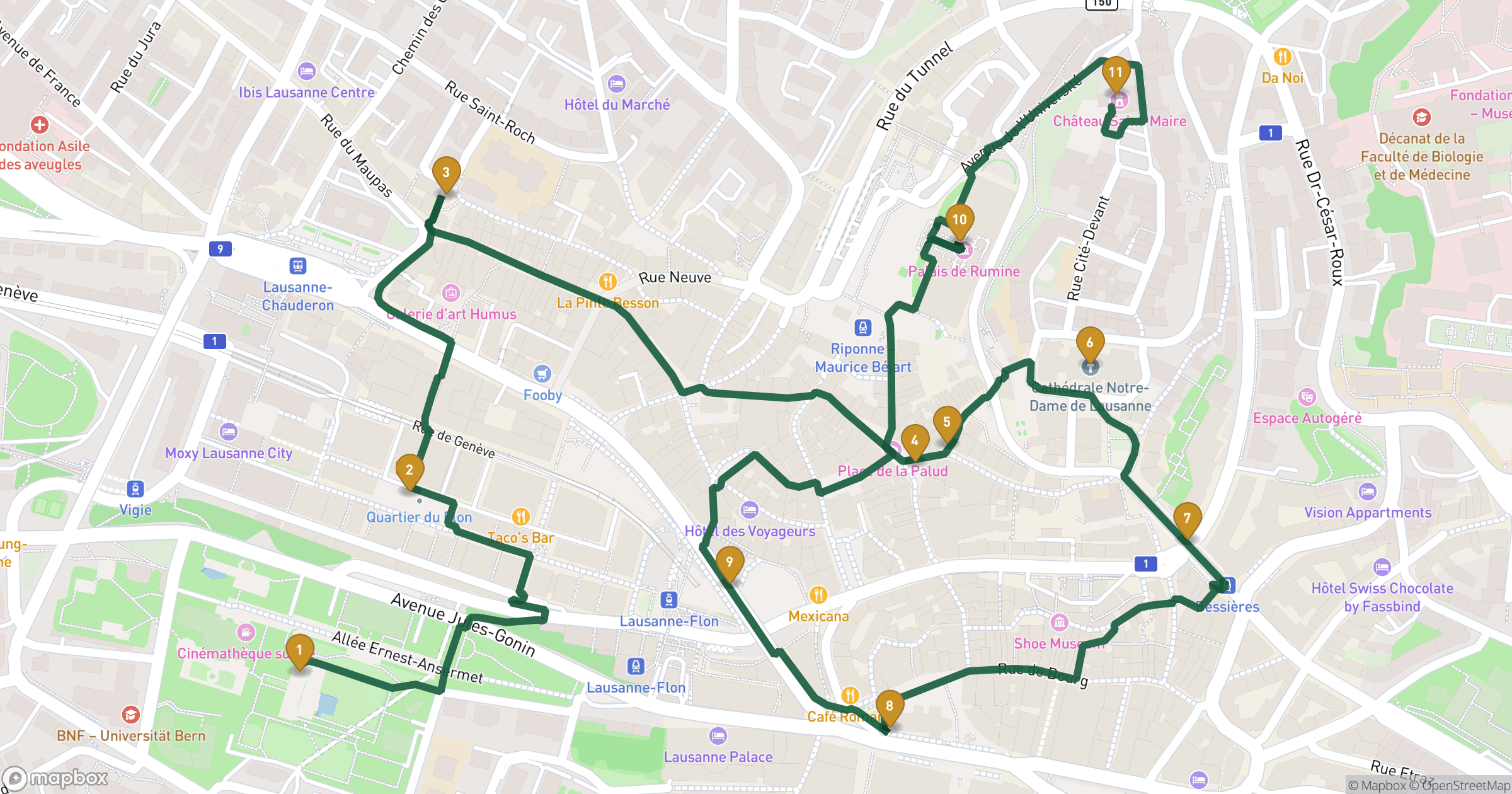 Map for Lausanne walking tour with 11 stops
