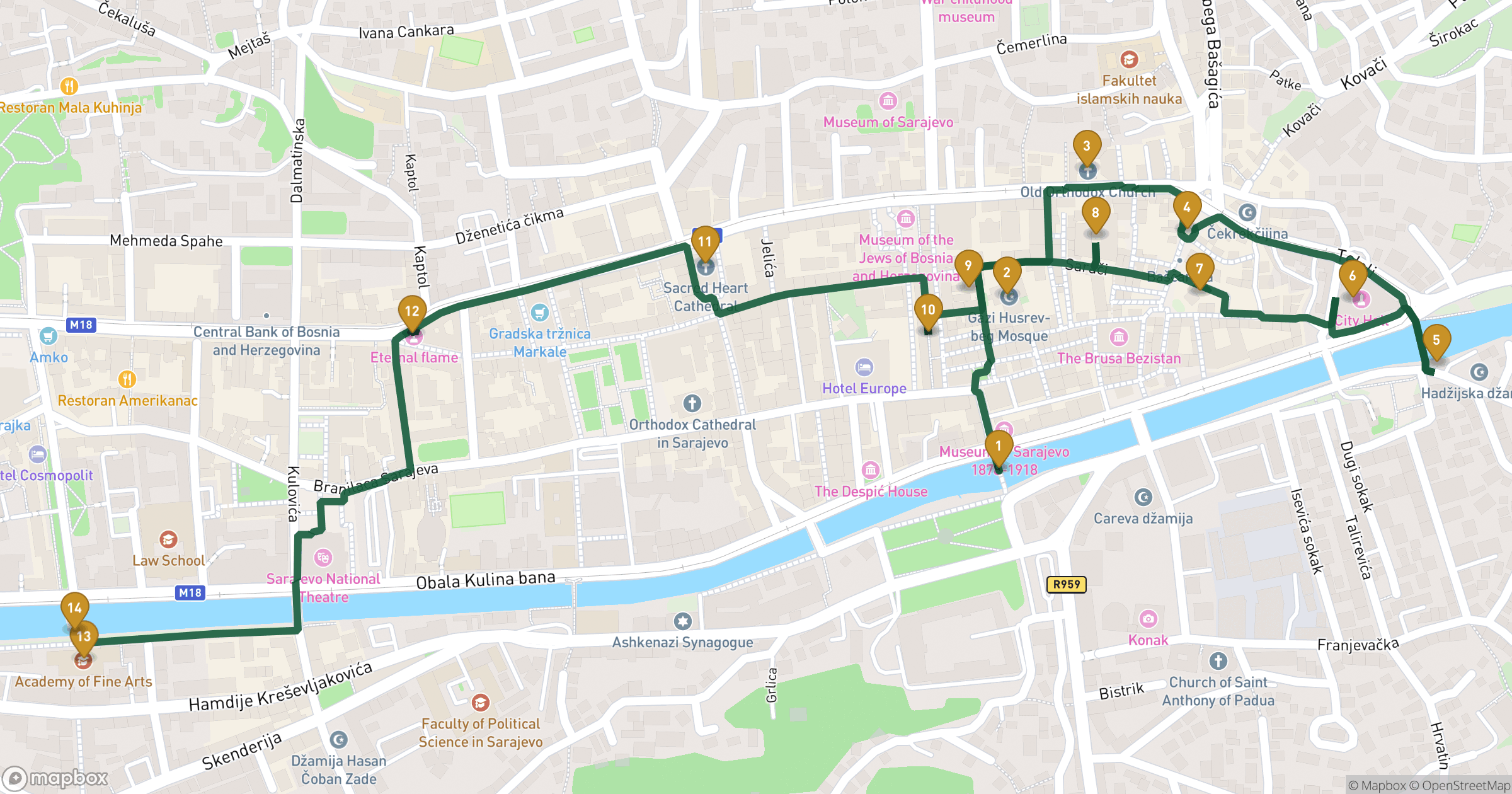 Map for Sarajevo walking tour with 14 stops