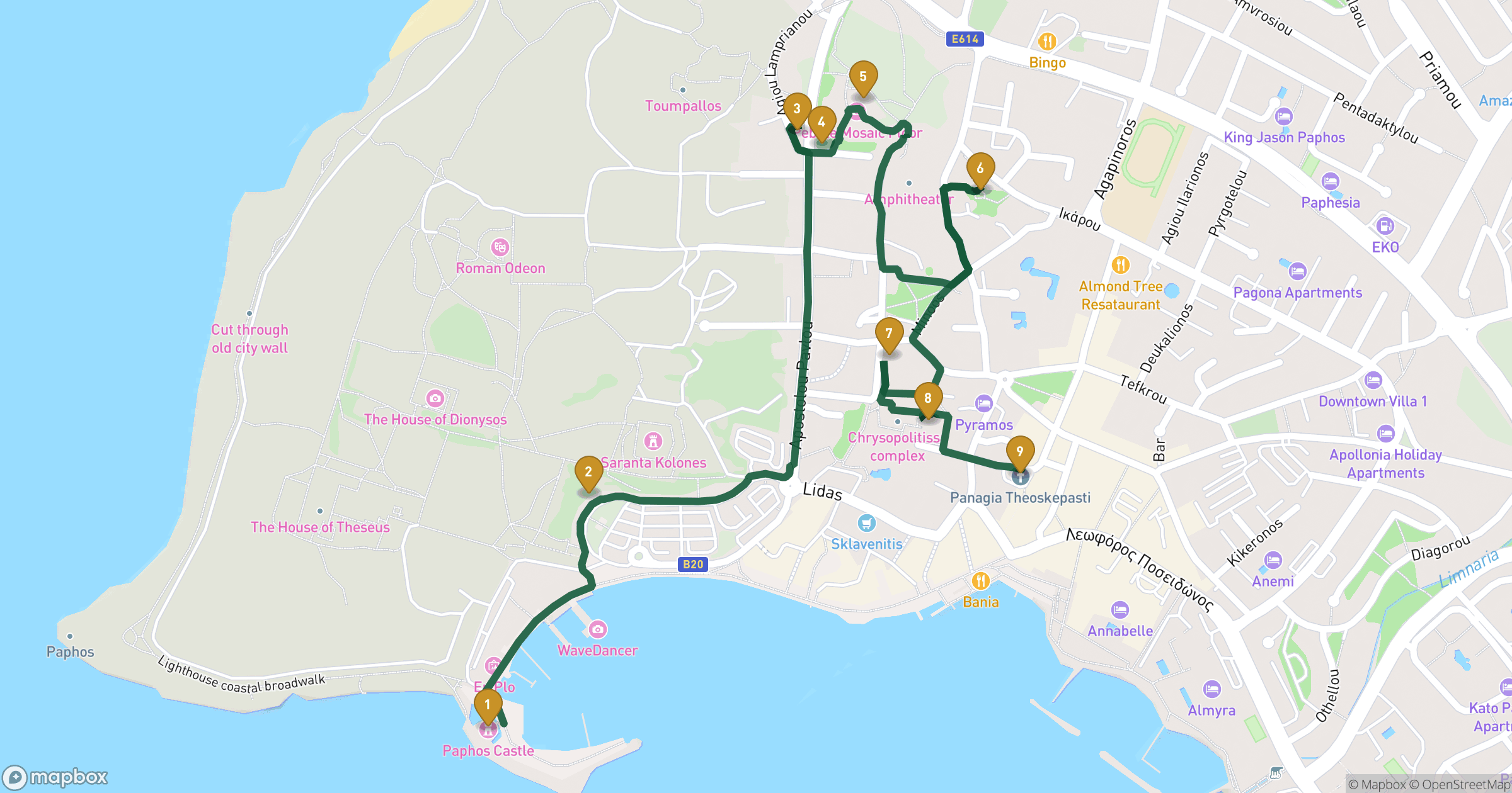 Karte für Stadtführung Paphos mit 9 Stopps