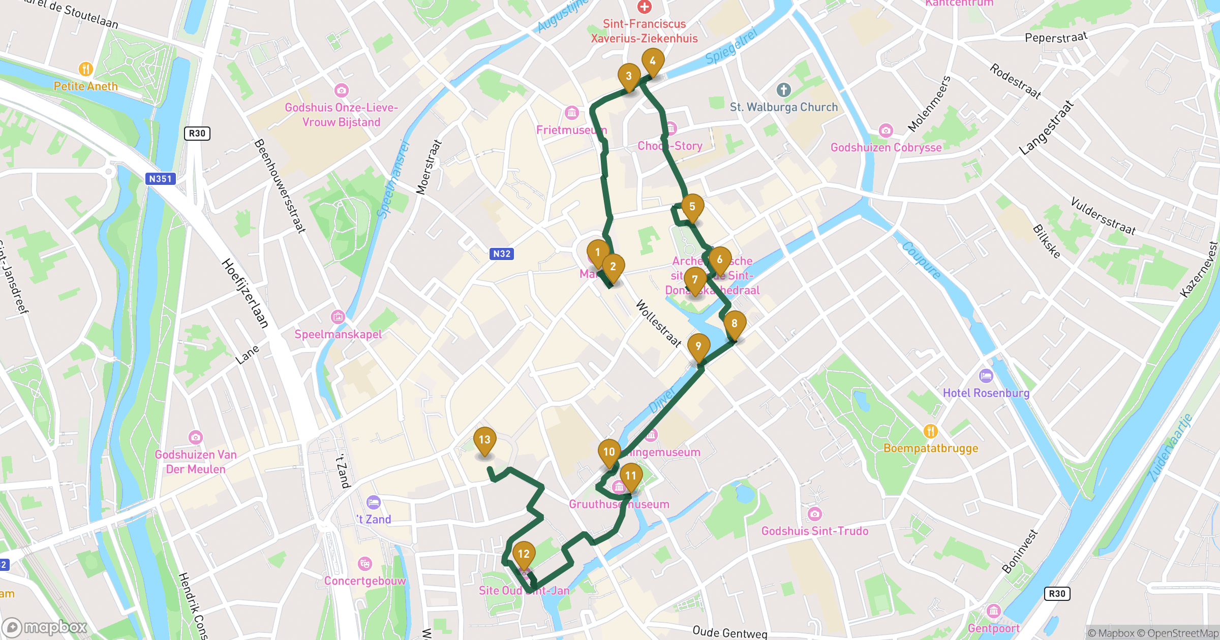 Map for Bruges walking tour with 13 stops