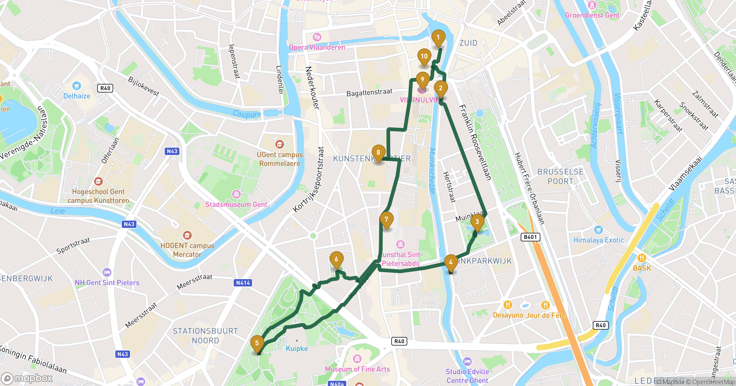 Mapa de city tour Gante com 10 paragens