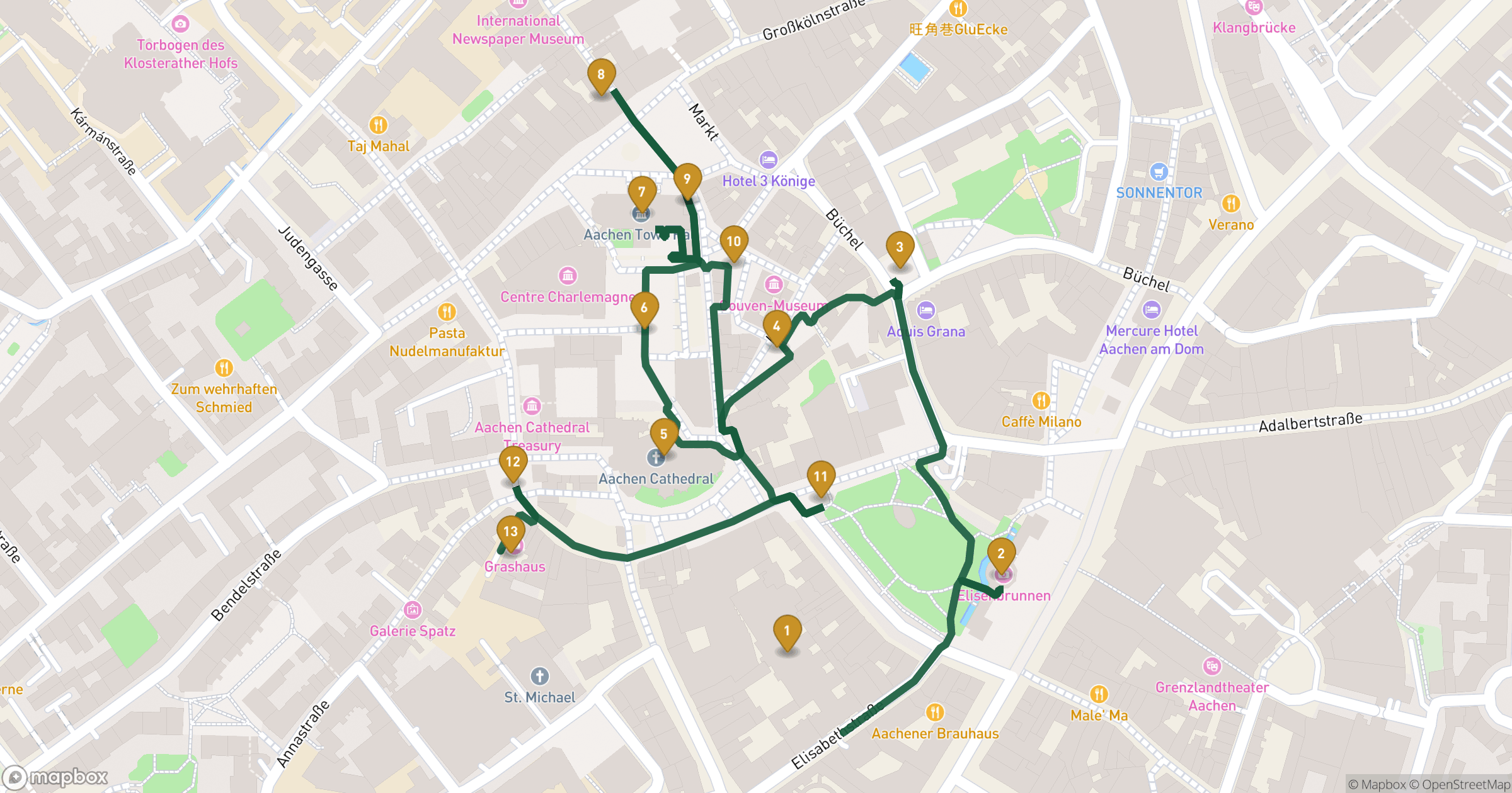 Map for Aachen walking tour with 13 stops