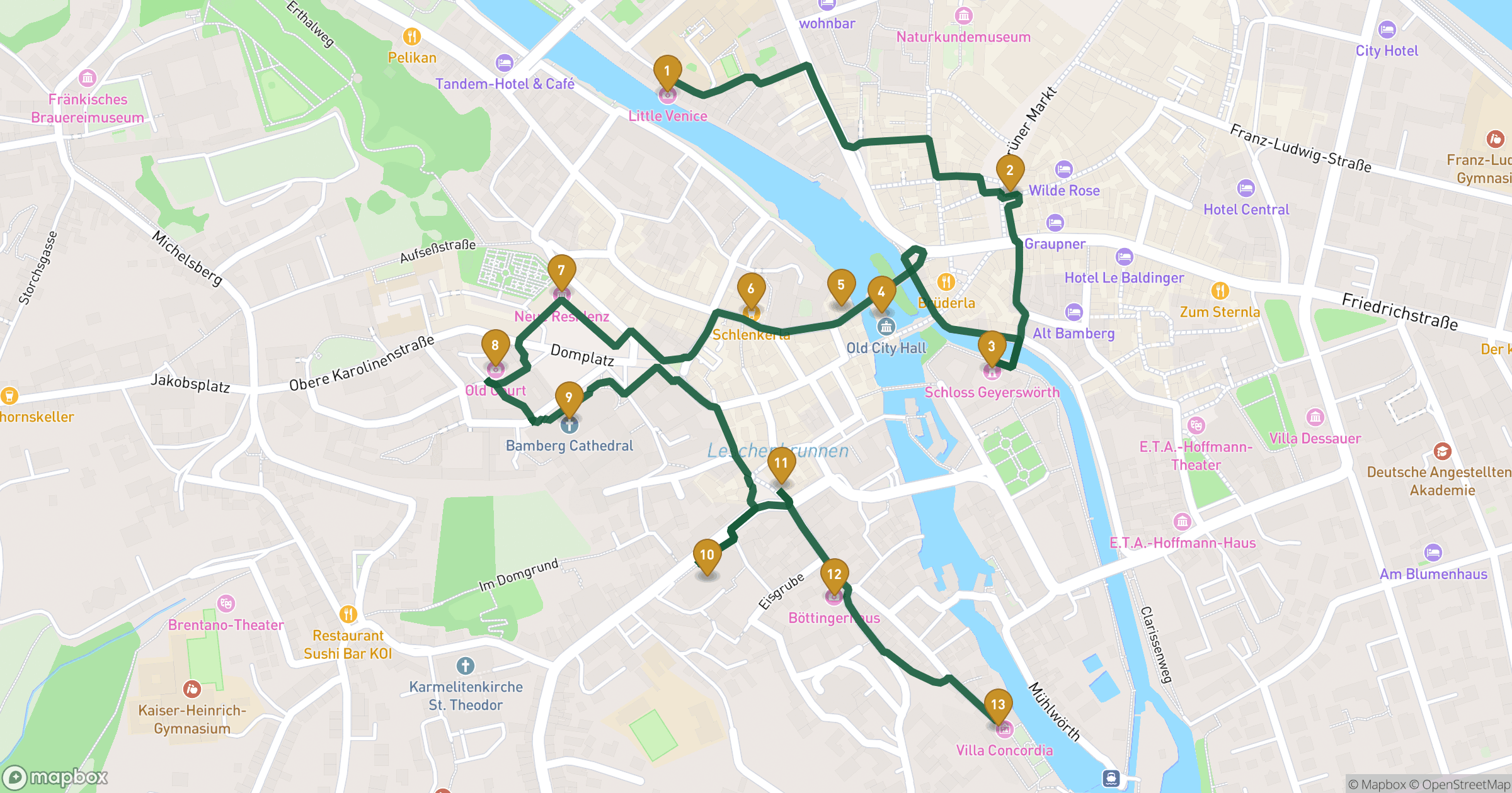 Map for Bamberg walking tour with 13 stops
