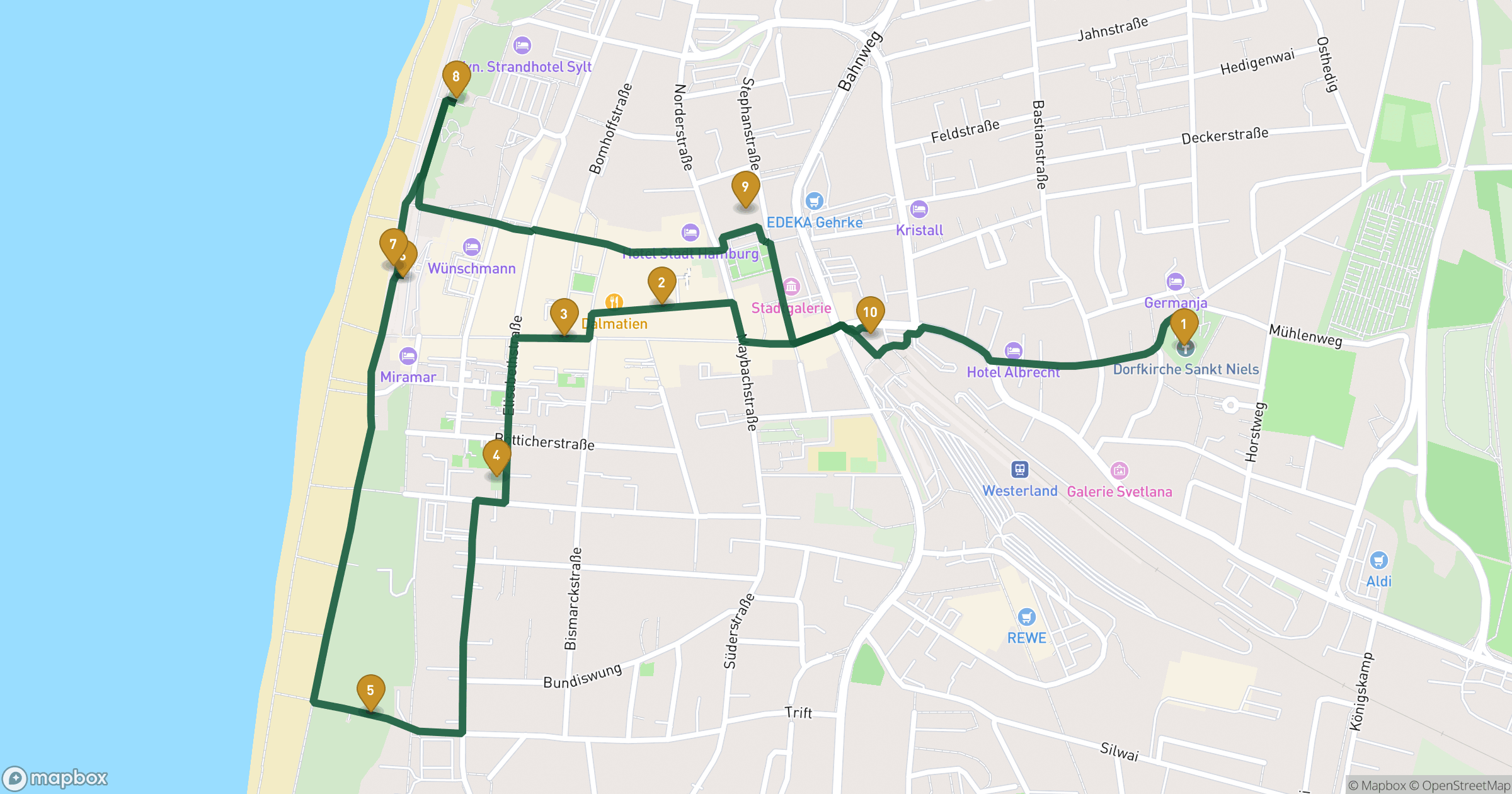Map for Westerland byvandring with 10 stops