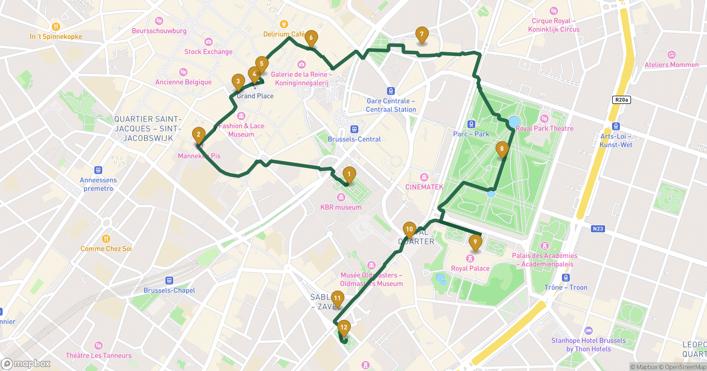 Map for Brussels walking tour with 12 stops