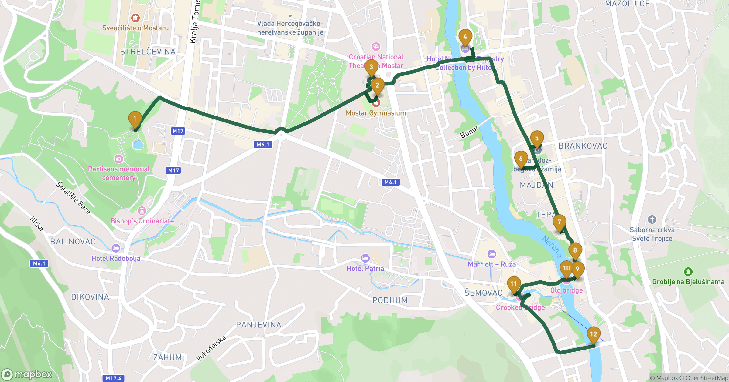 Map for Mostar walking tour with 12 stops