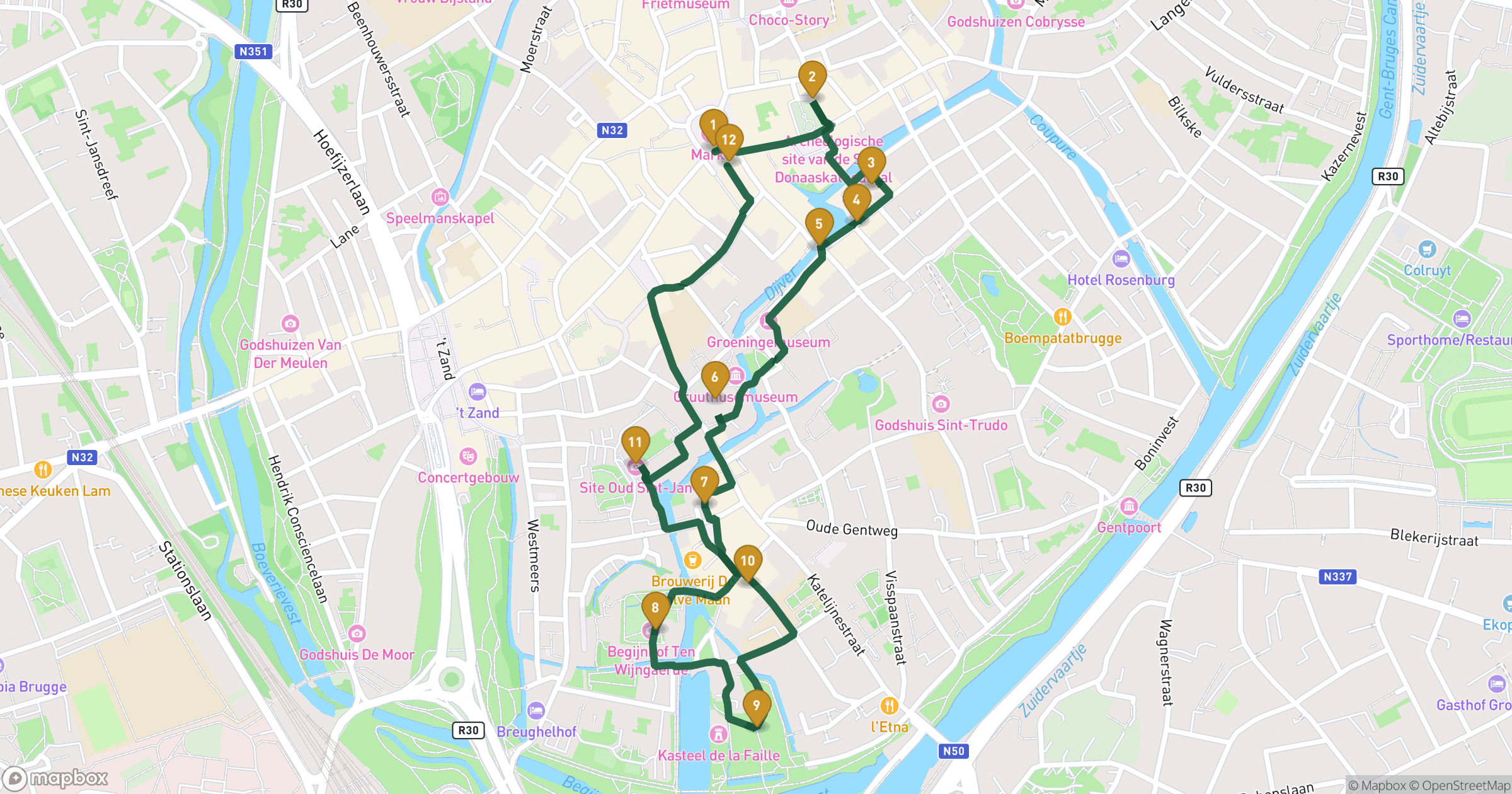 Map for Bruges walking tour with 12 stops