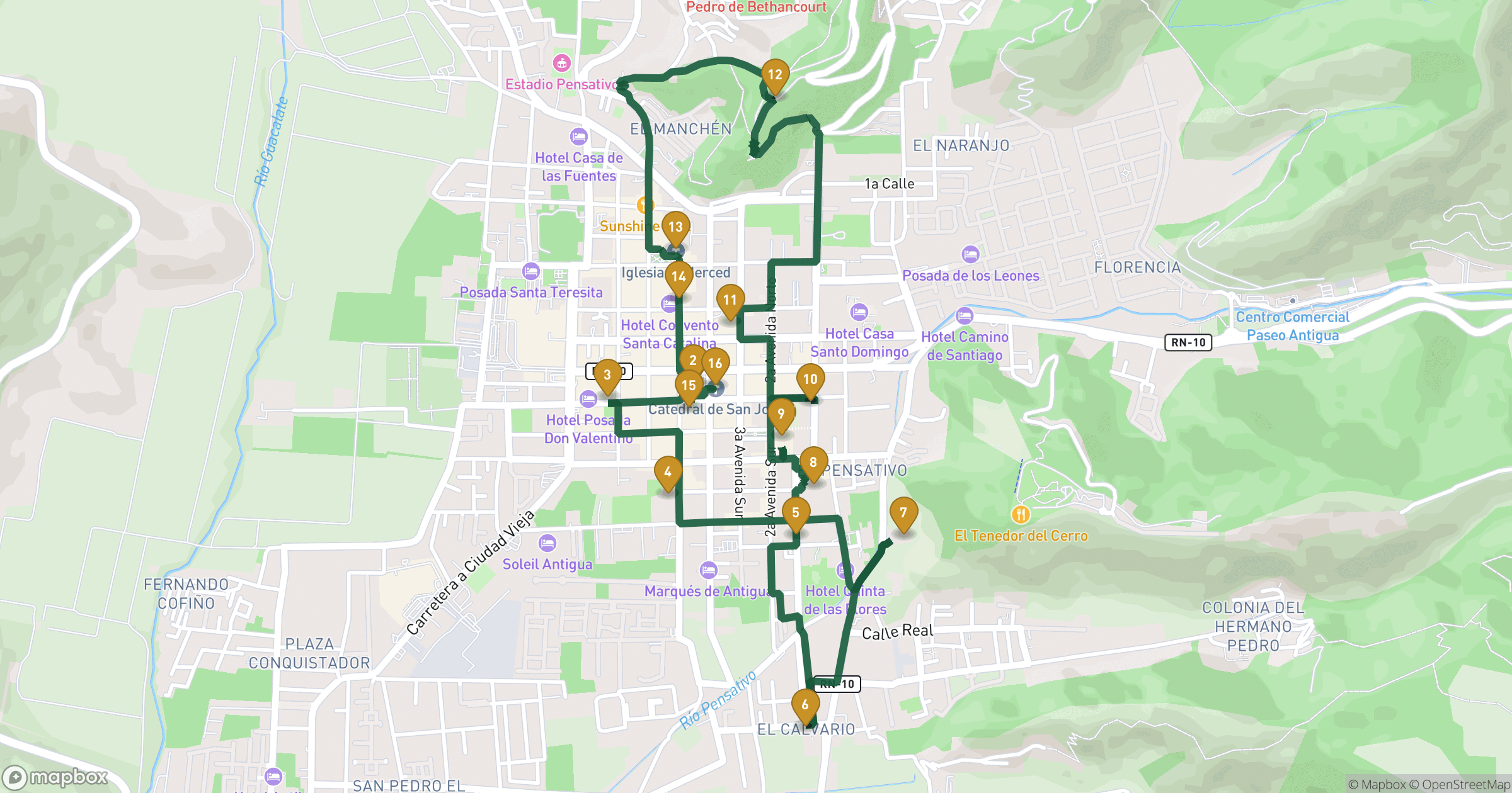 Map for Antigua Guatemala walking tour with 16 stops