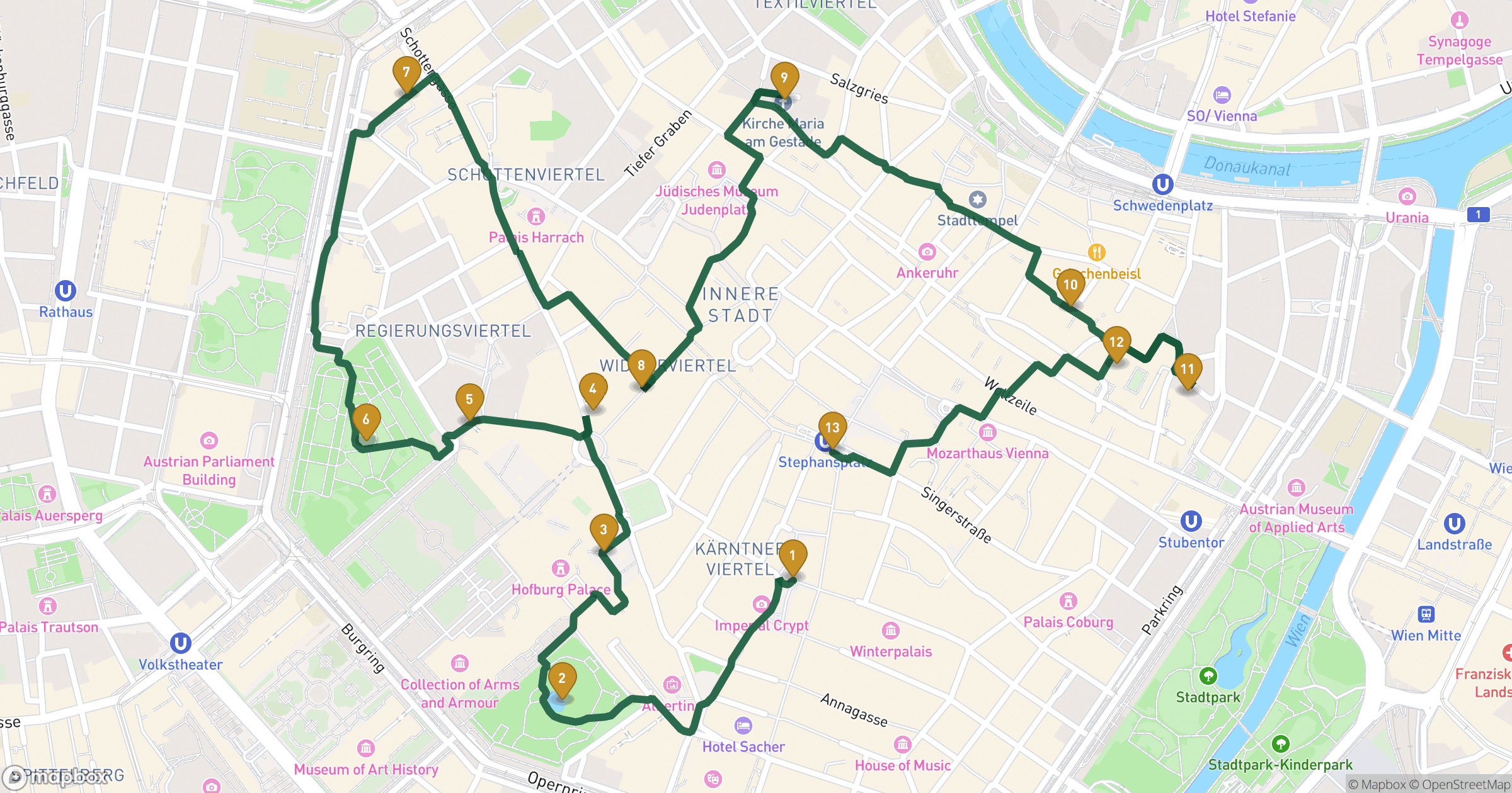 Mapa de city tour Viena com 13 paragens
