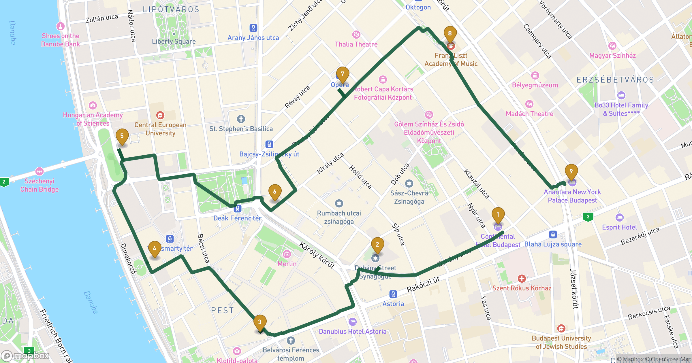 Map for Budapest walking tour with 9 stops