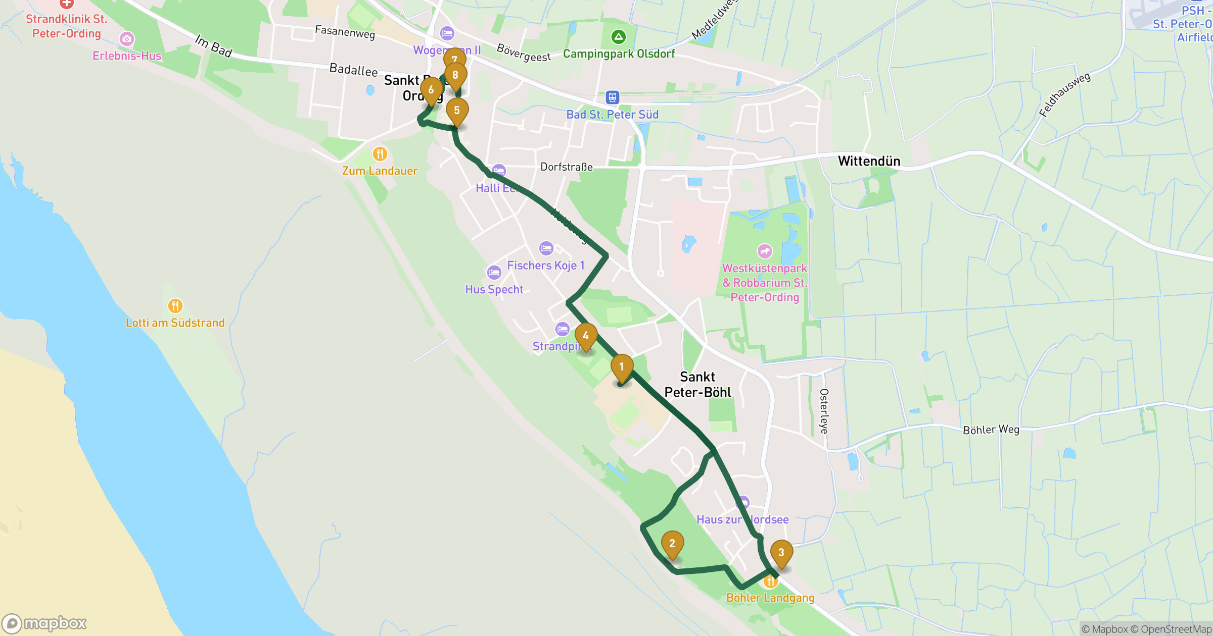 Map for Sankt Peter-Ording byvandring with 8 stops
