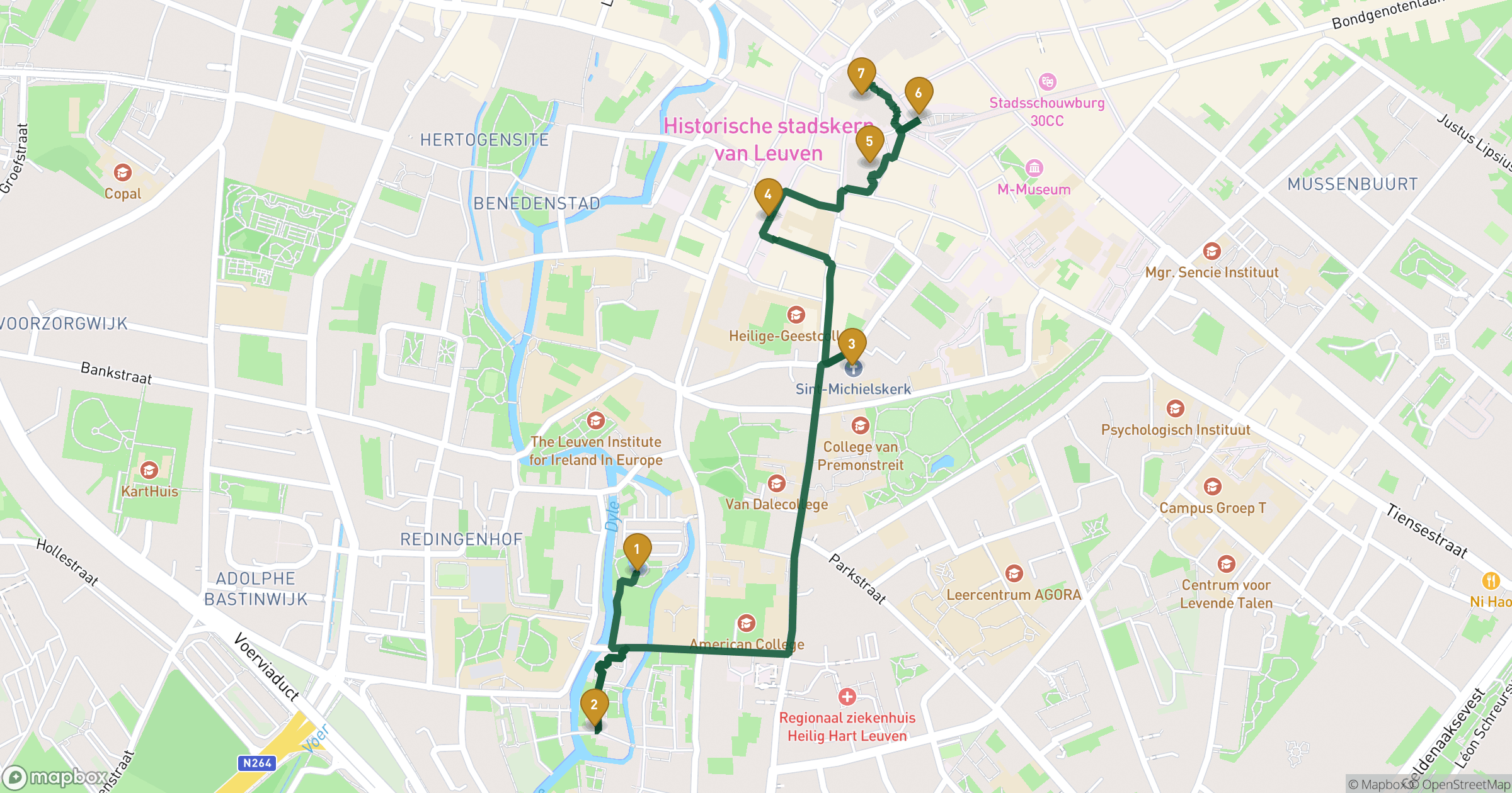 Mapa de city tour Lovaina com 7 paragens