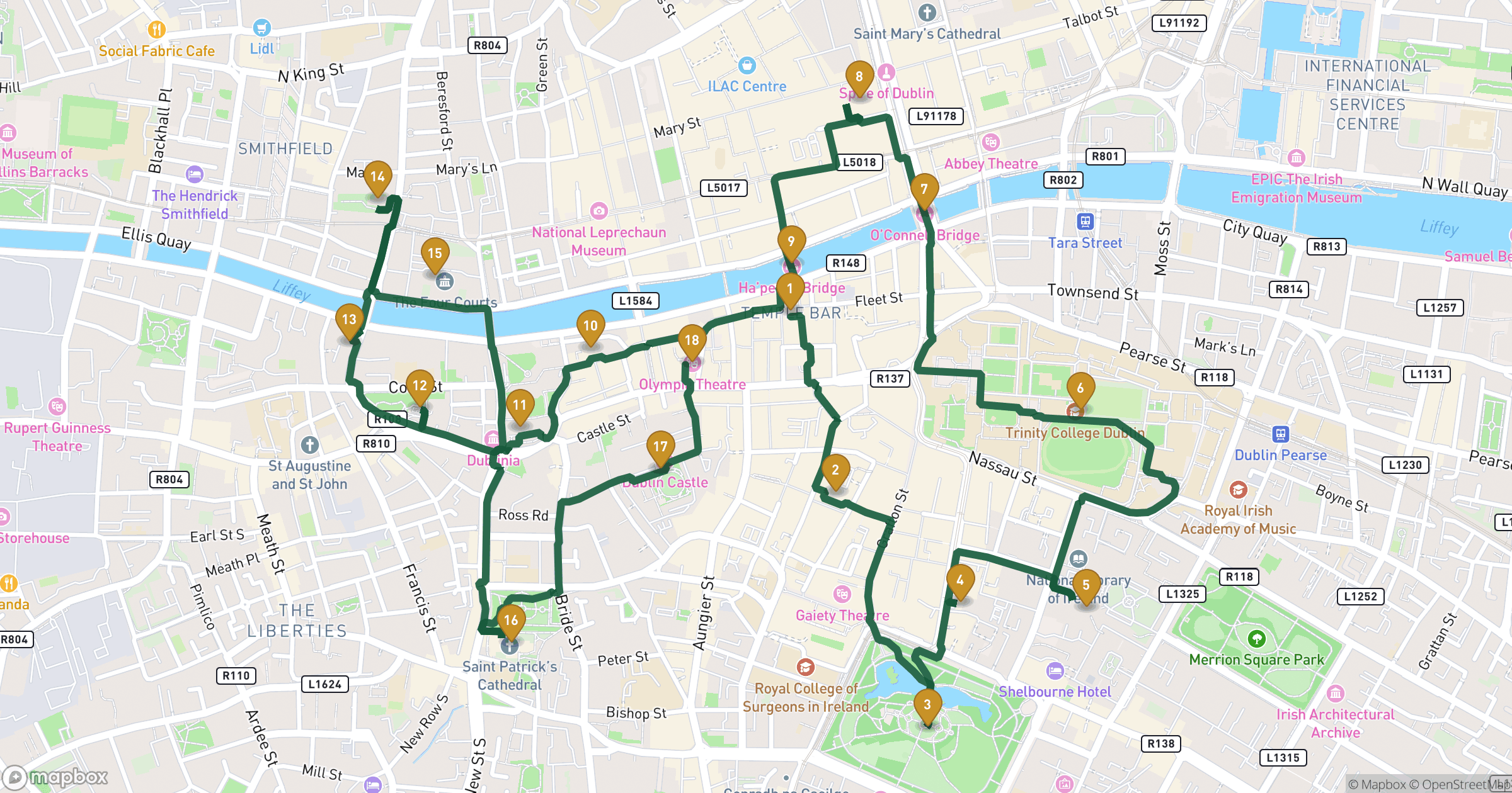 Dublin步行導覽的地圖，包含 18 個景點