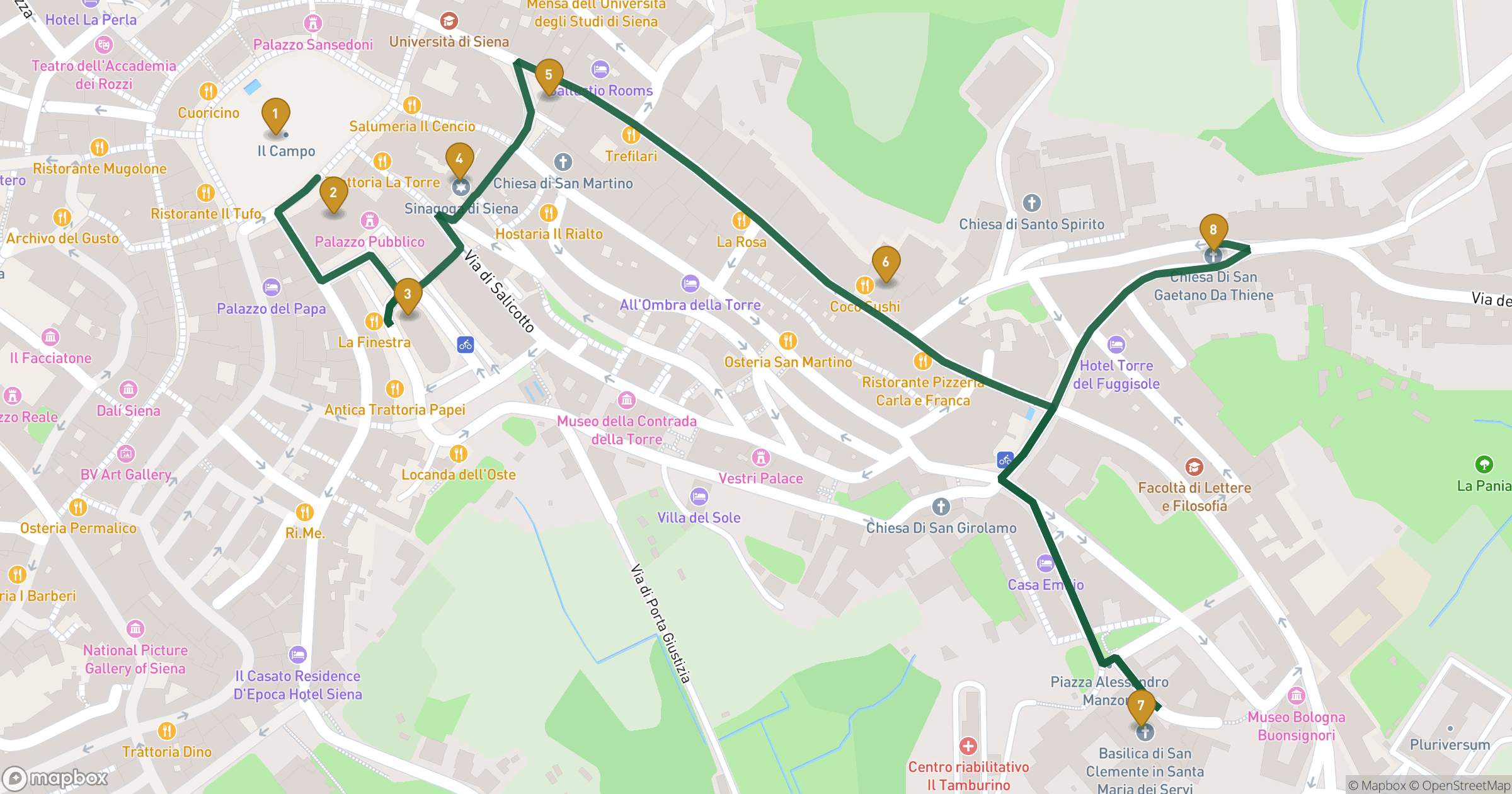 Map for Siena byvandring with 8 stops