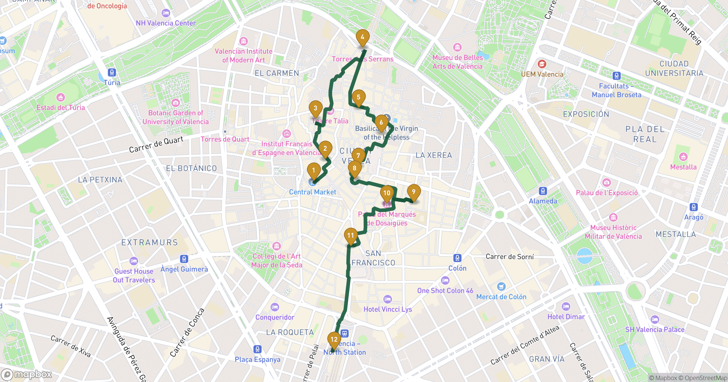 Map for Valencia walking tour with 12 stops