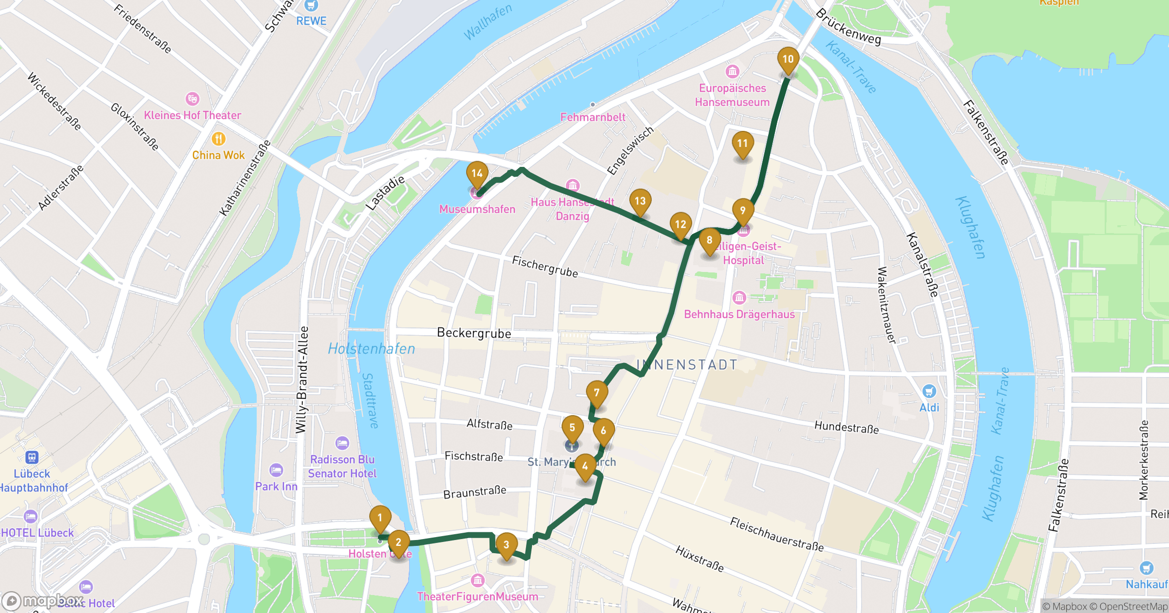 Map for Lübeck walking tour with 14 stops