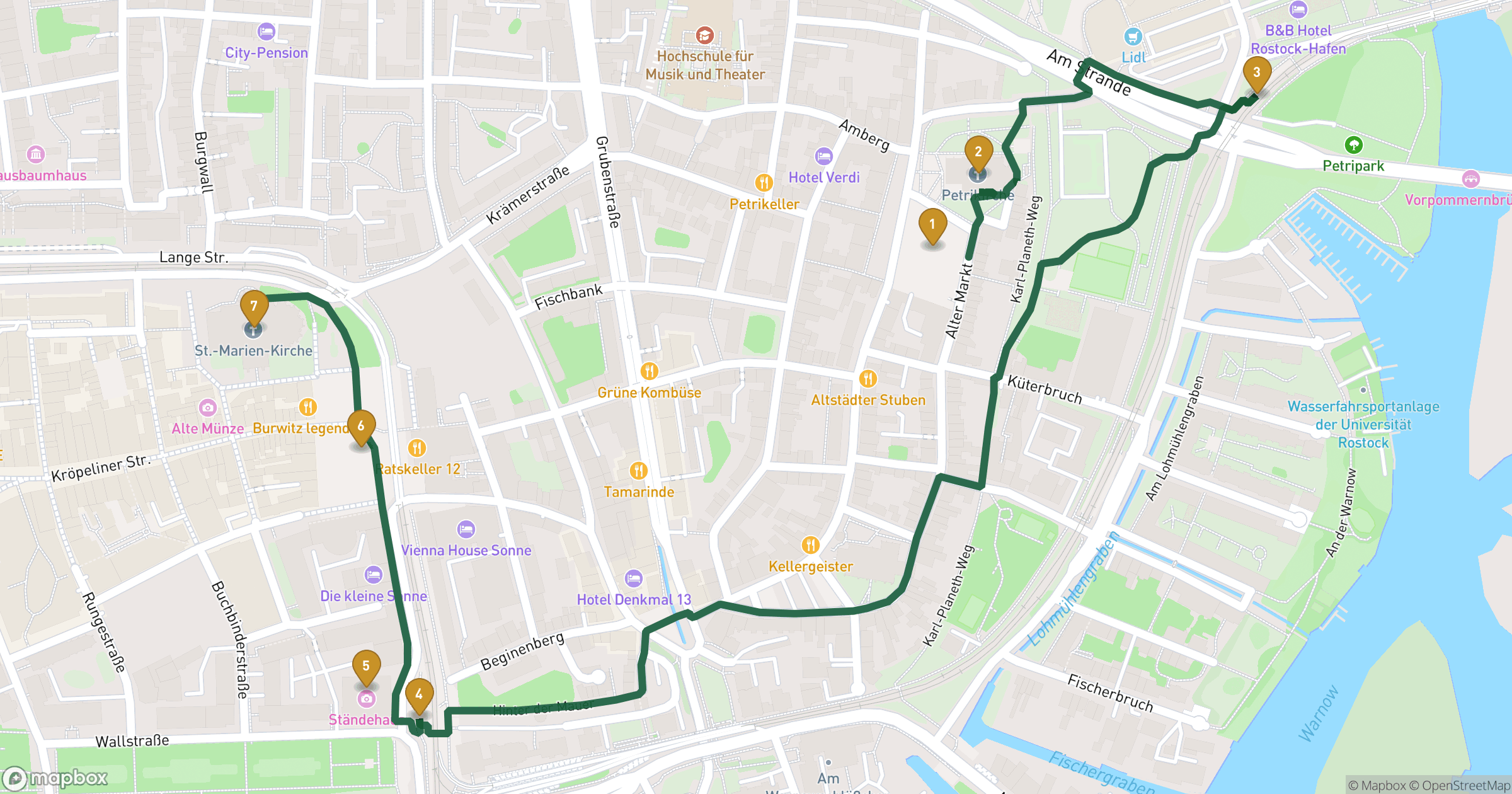 Karte für Stadtführung Rostock mit 7 Stopps