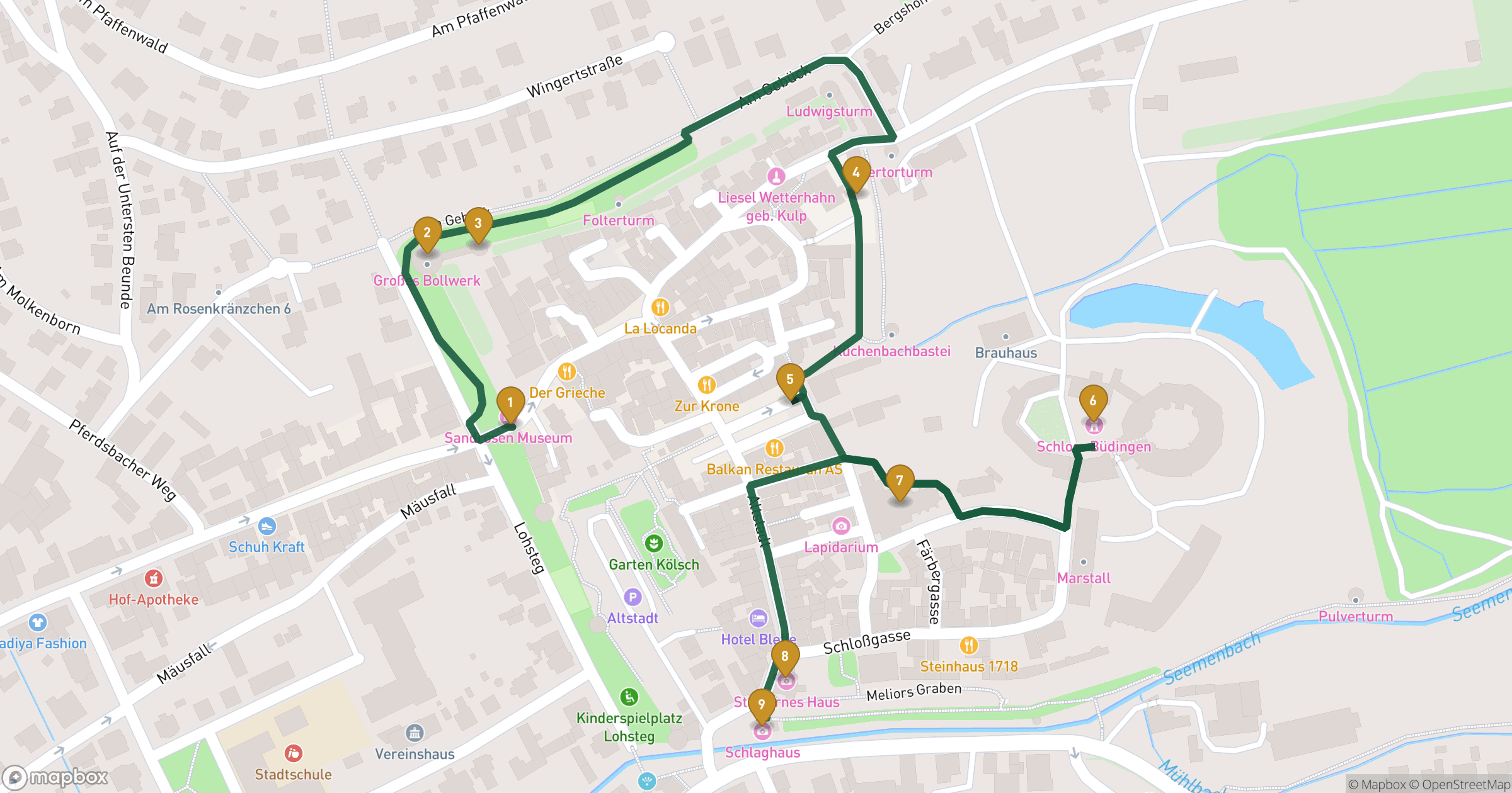Map for Büdingen walking tour with 9 stops