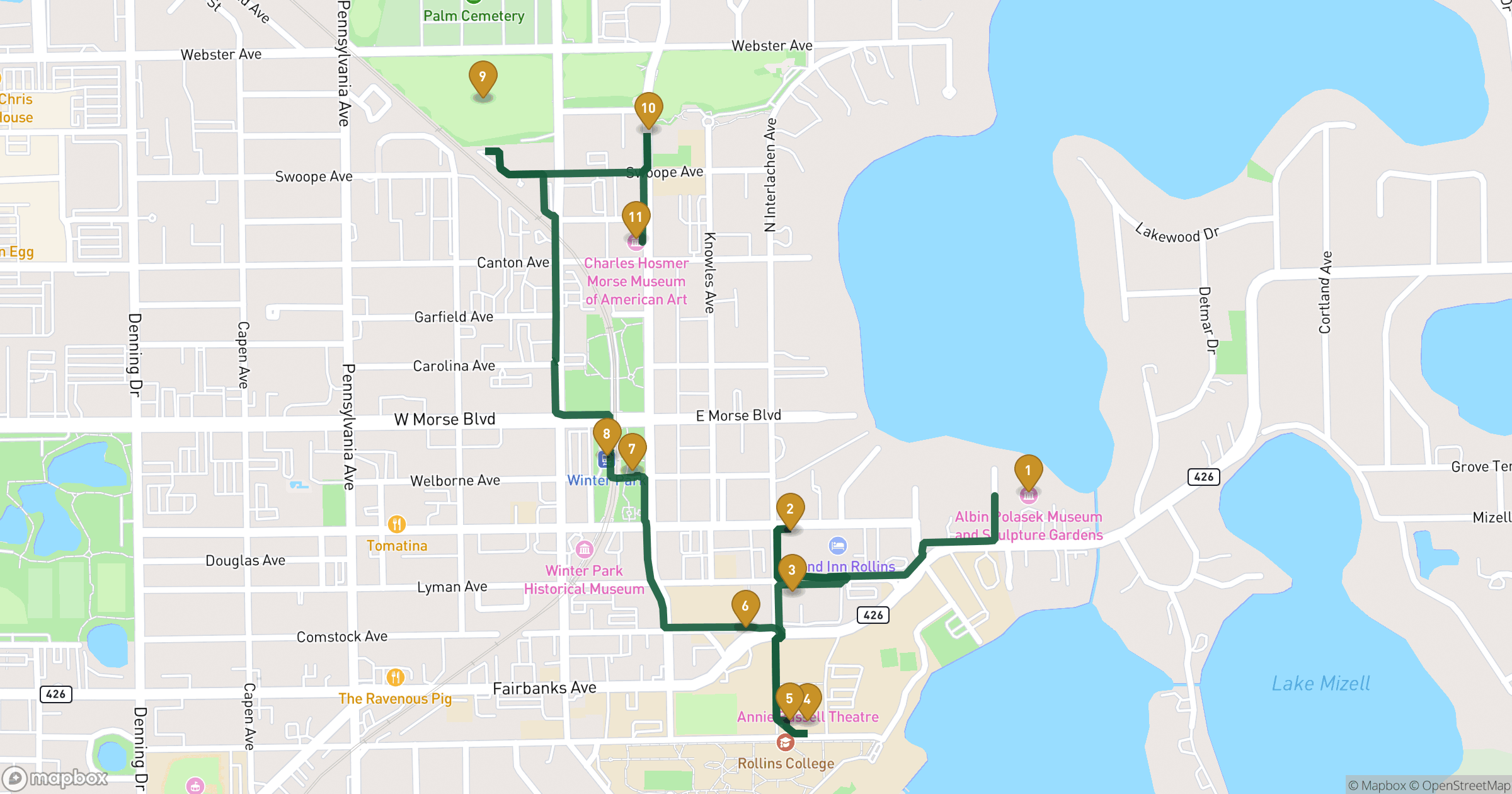 Map for Winter Park byvandring with 11 stops