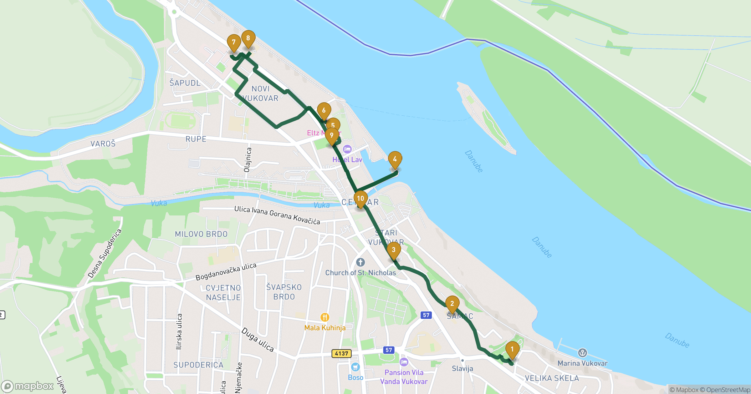 Mapa dla spacer po Vukovar z 10 przystankami