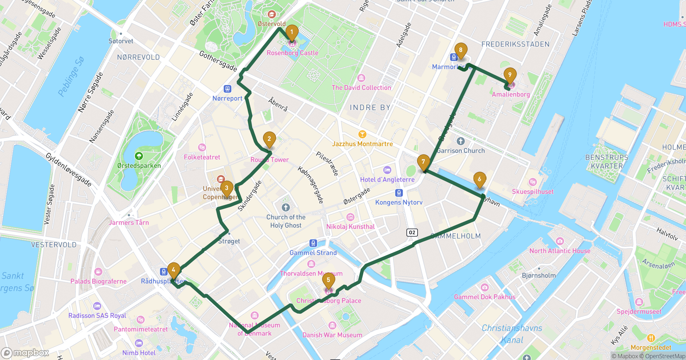 Map for Copenhagen walking tour with 9 stops