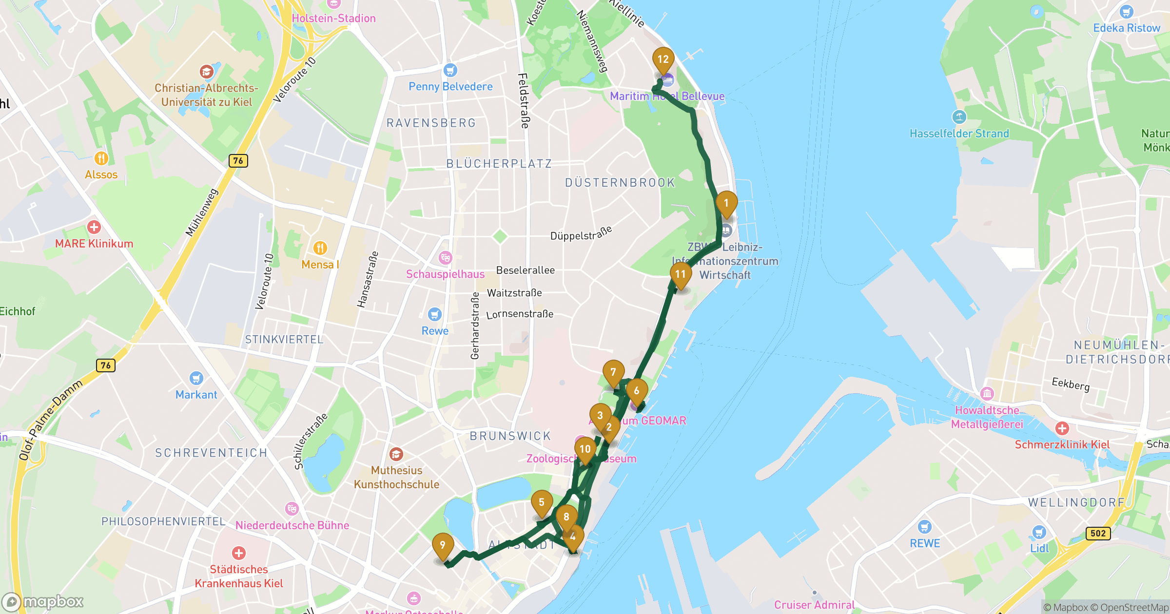 Map for 킬의 해양 영혼 도보 투어 with 12 stops