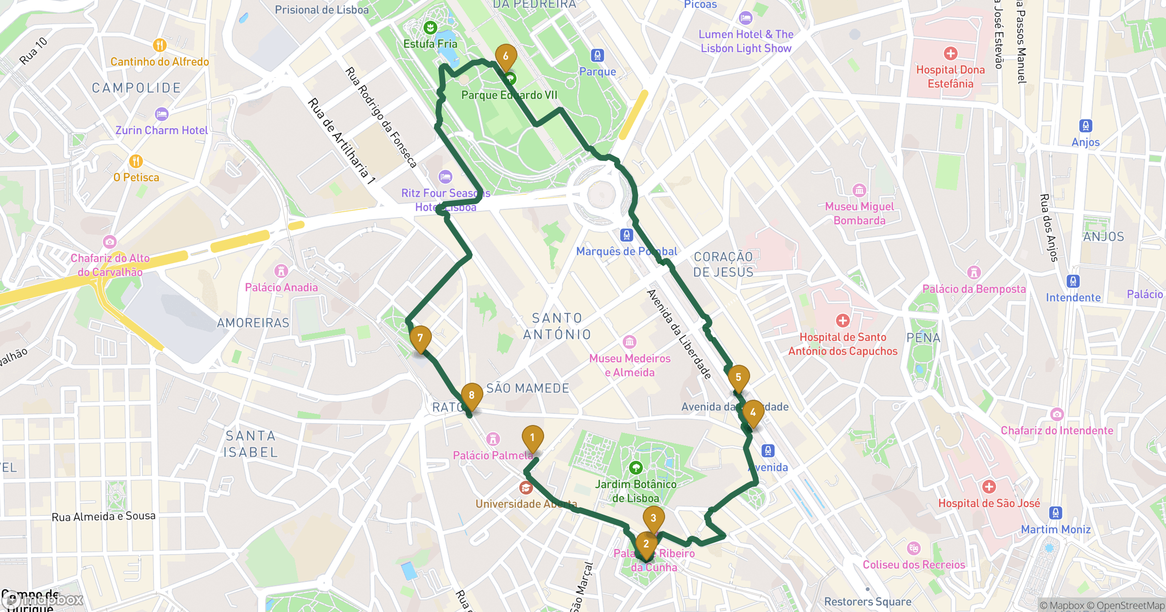 Mapa de visita guiada Lisboa con 8 paradas