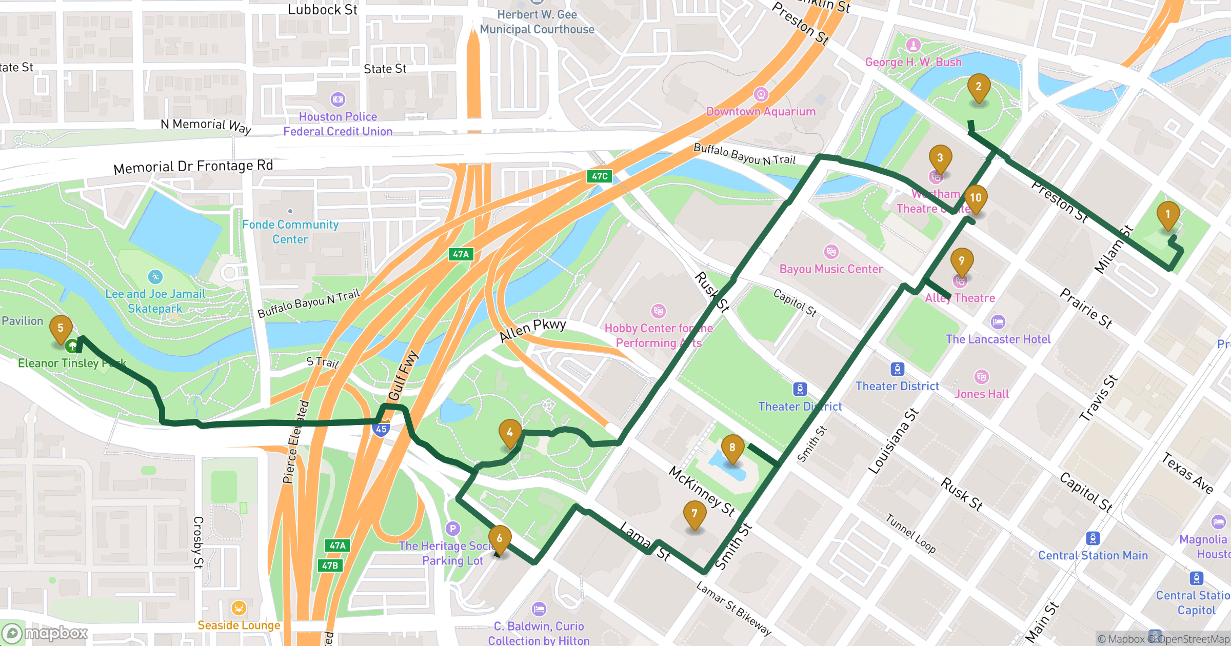 Карта: пешая экскурсия: Houston. 10 остановок